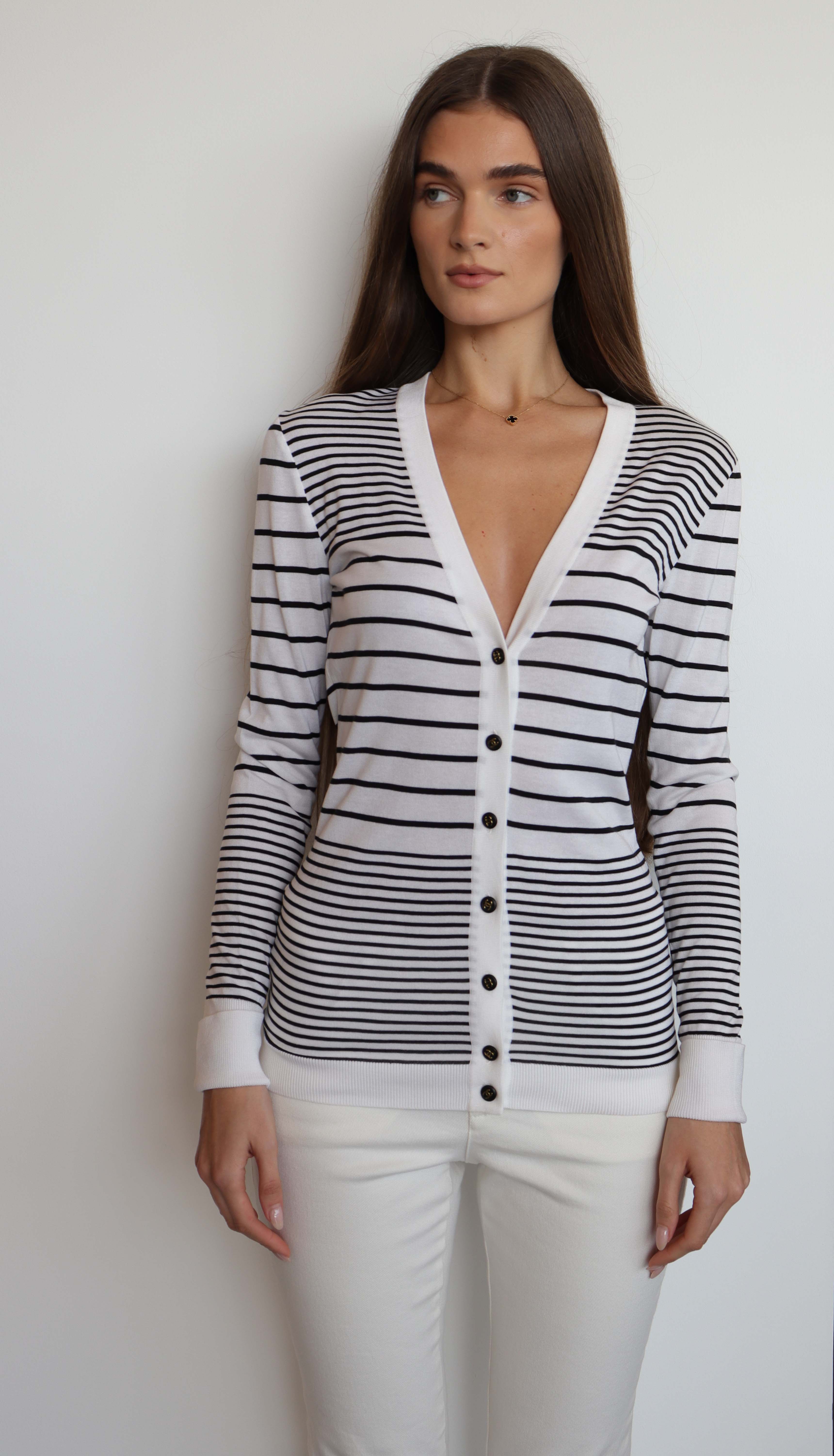 Chanel Logo Button Stripe Cardigan White Black DXBS2004