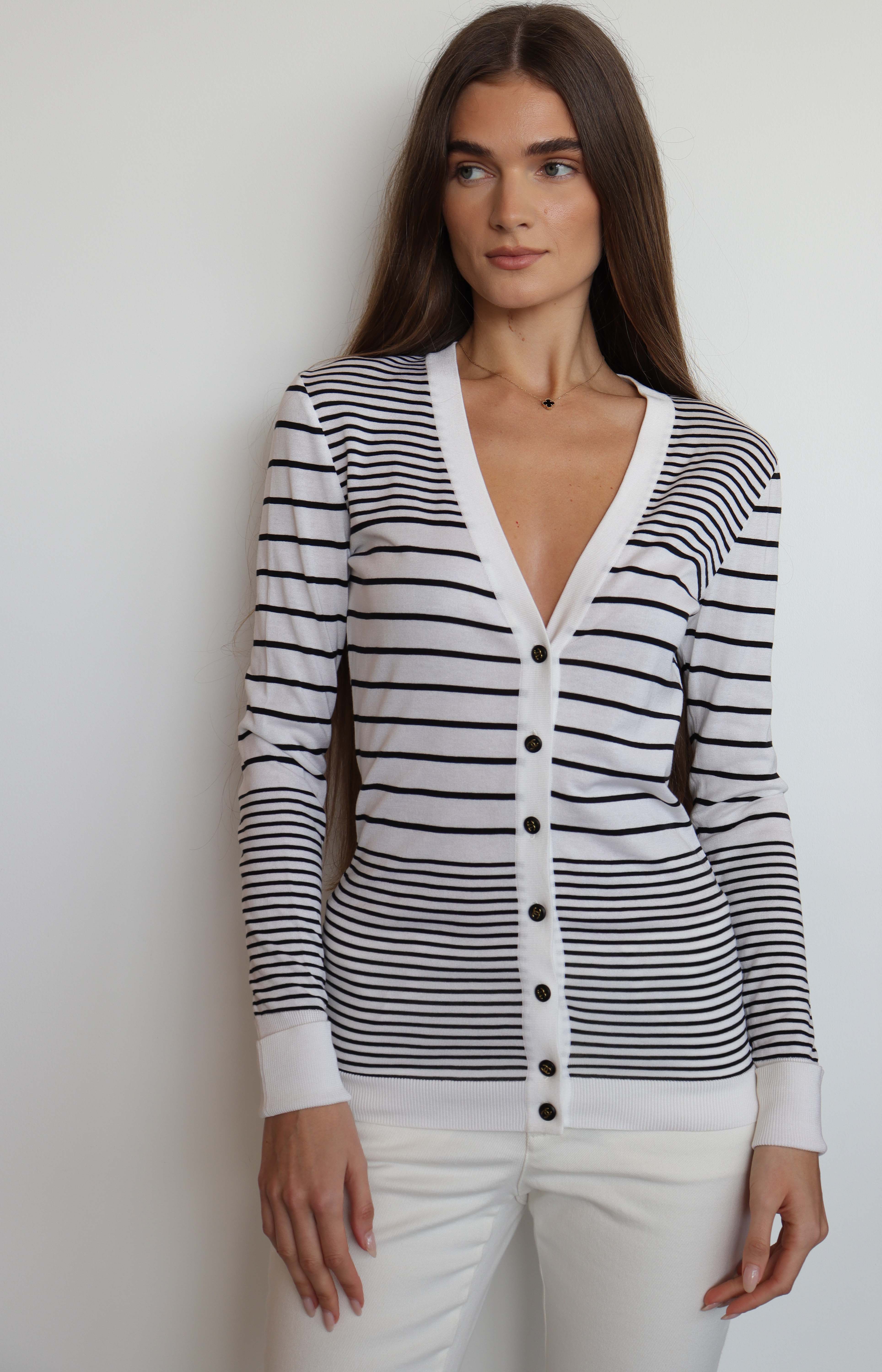 Chanel Logo Button Stripe Cardigan White Black DXBS2004