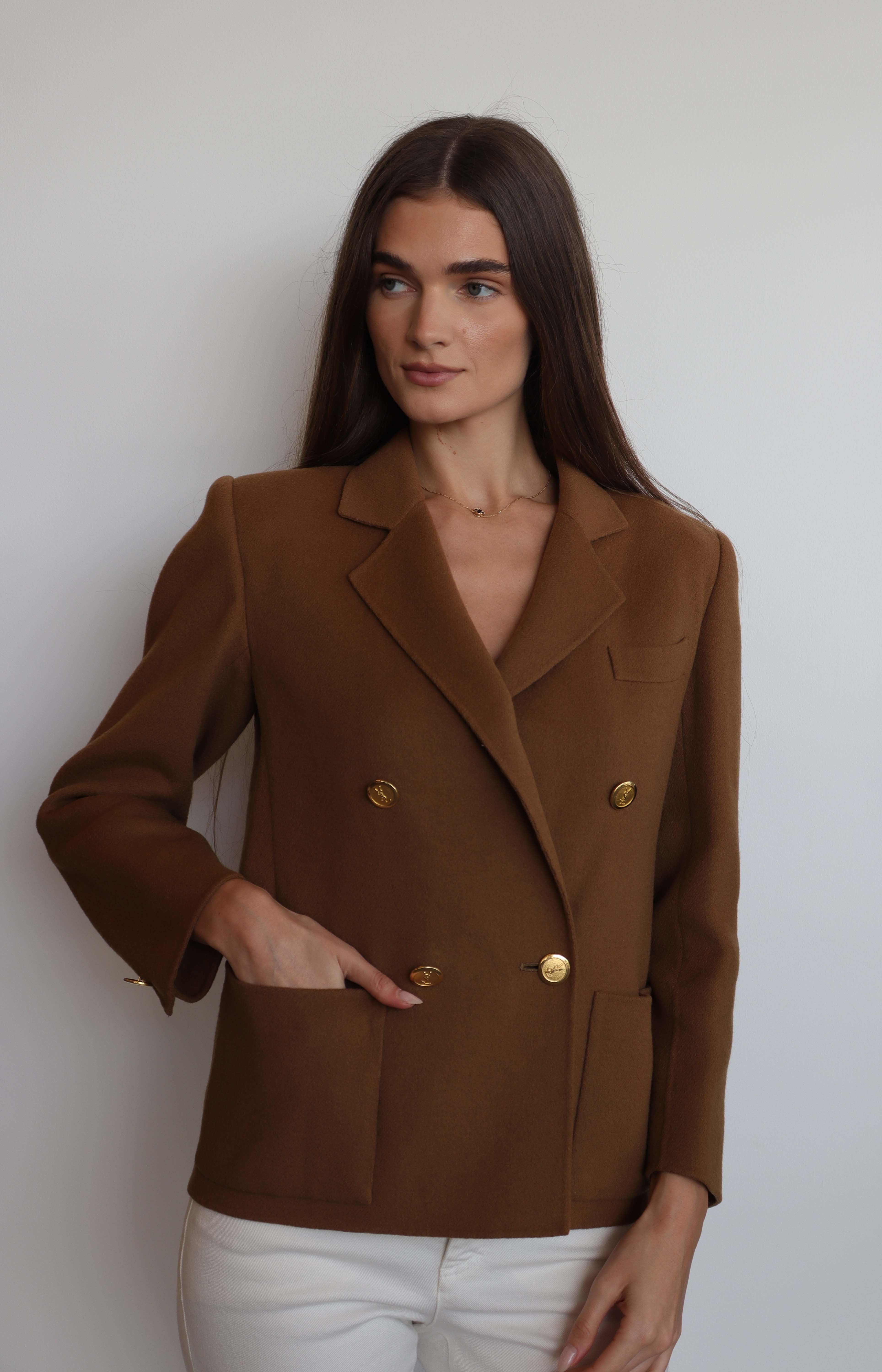 YSL Logo Cropped Coat Brown DXBS2033