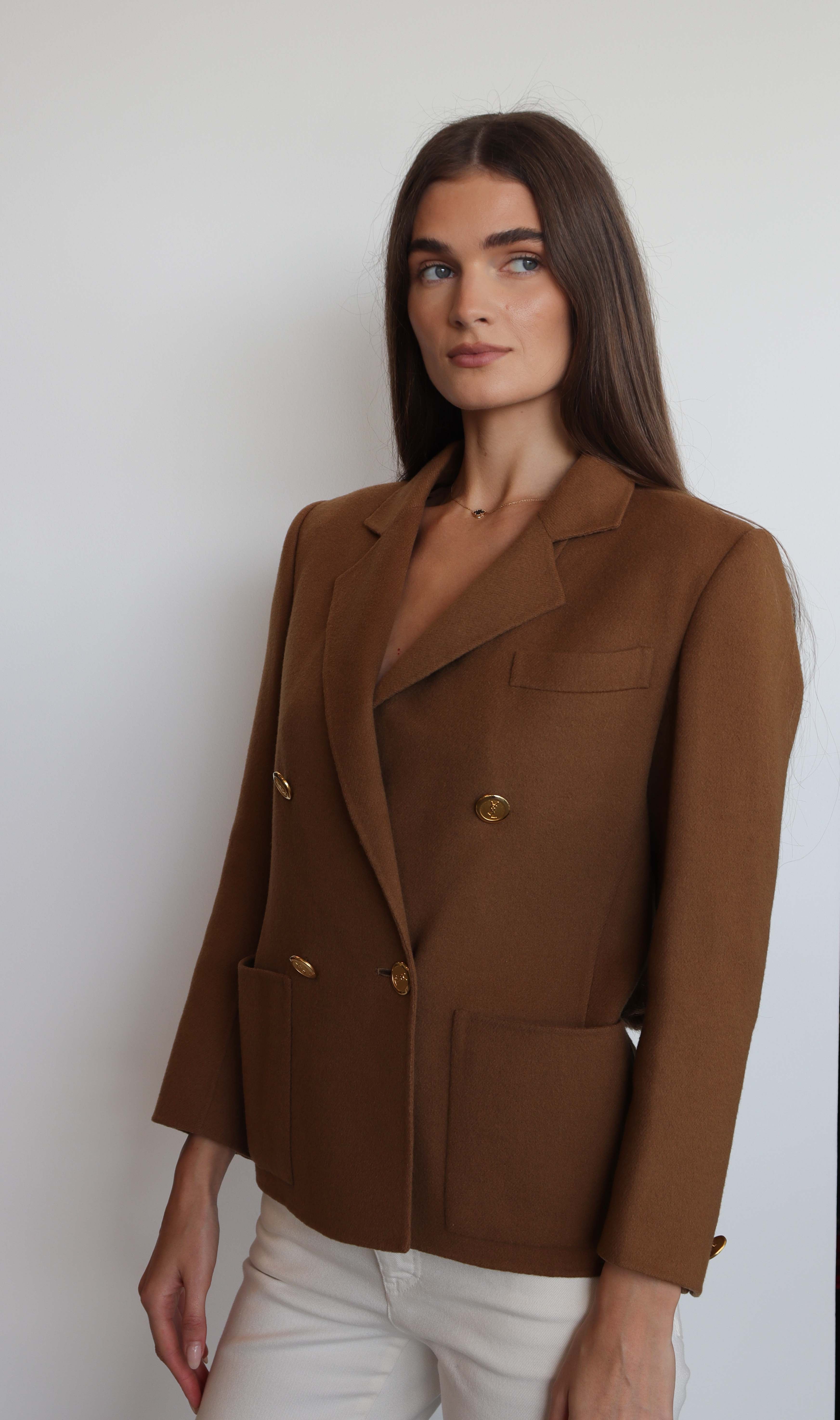 YSL Logo Cropped Coat Brown DXBS2033