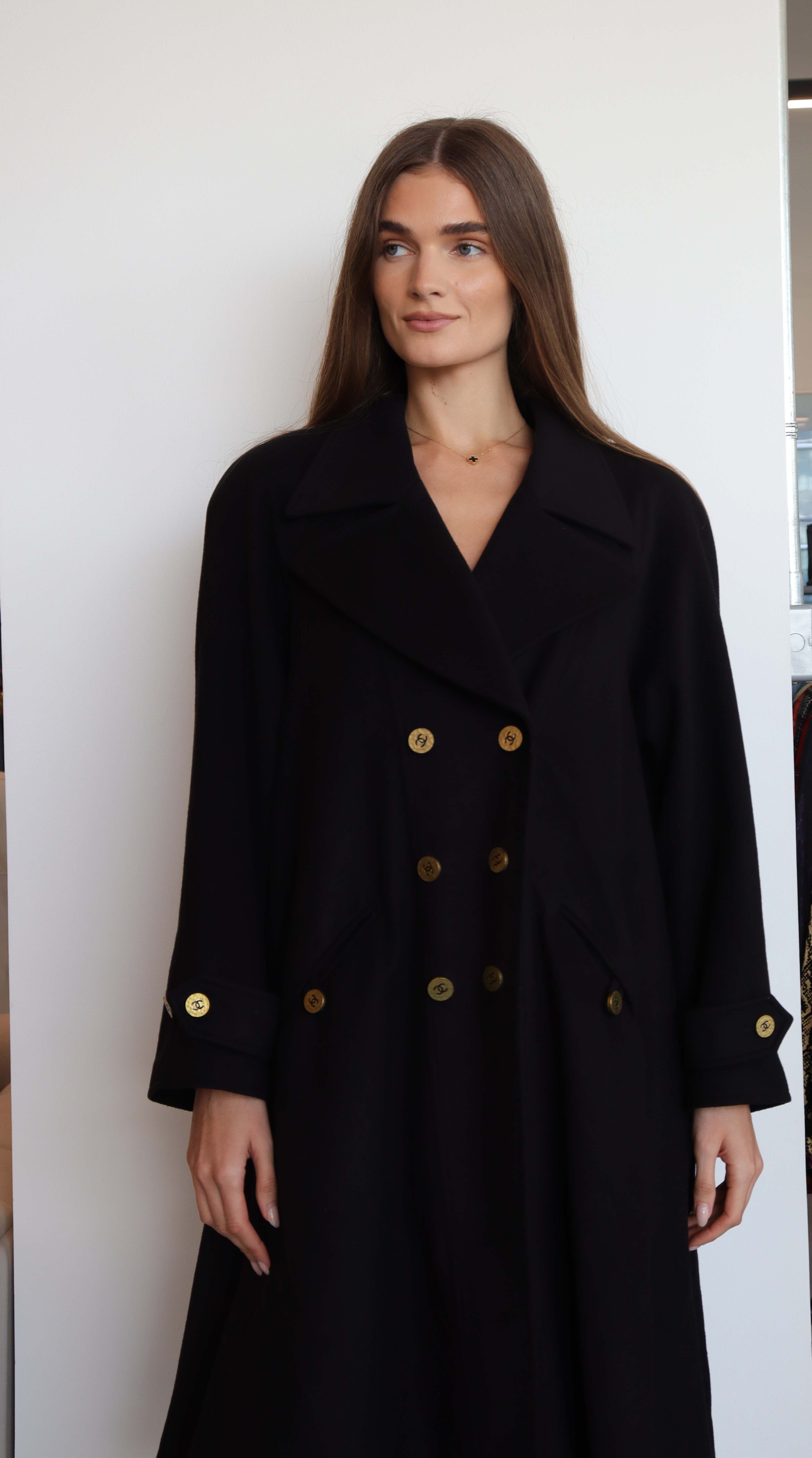 Chanel Logo Long Coat Cashmere Black 42 DXBS2051