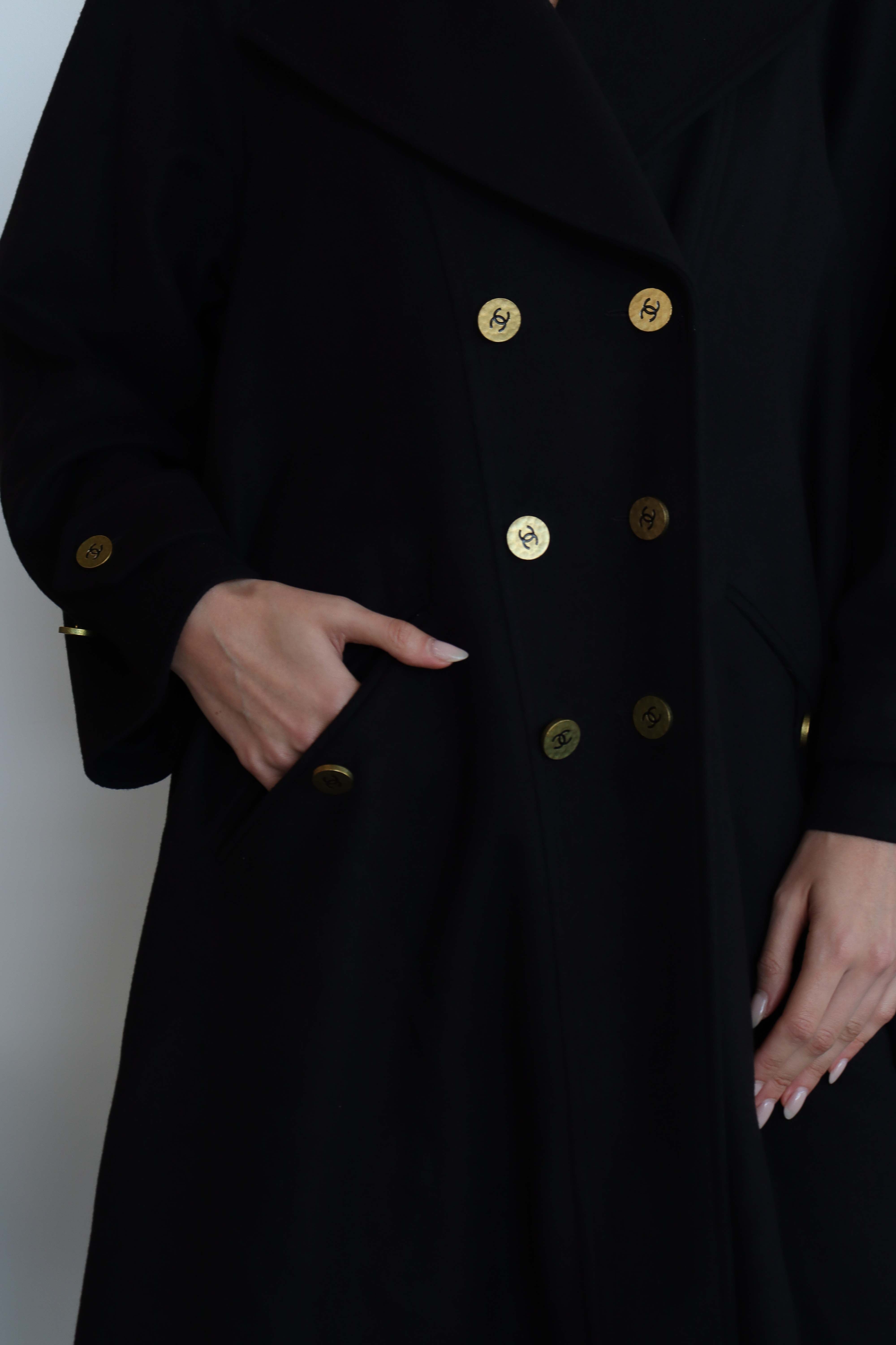 Chanel Logo Long Coat Cashmere Black 42 DXBS2051