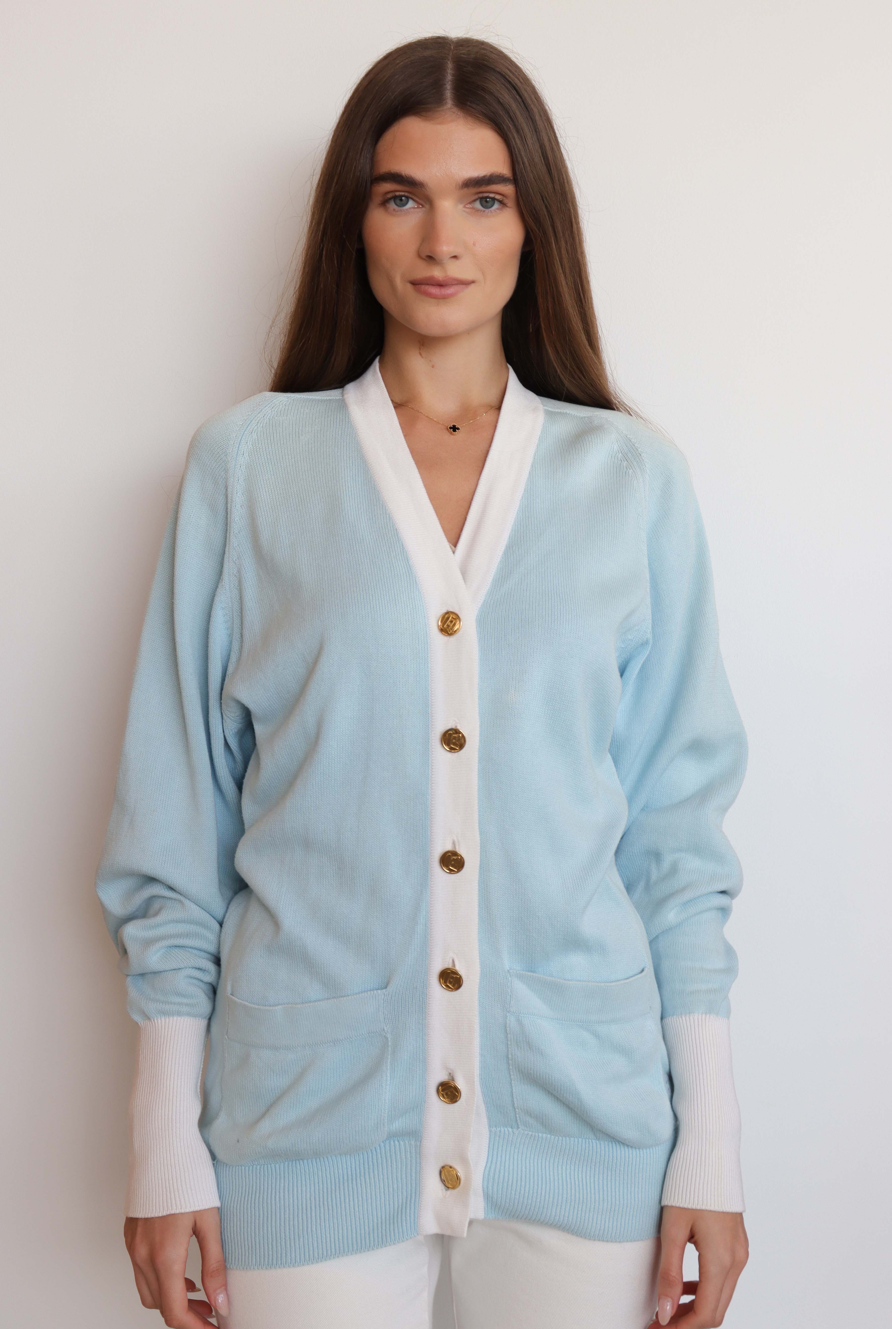 Chanel Long Sleeve Cardigan Light Blue White DXBS2007