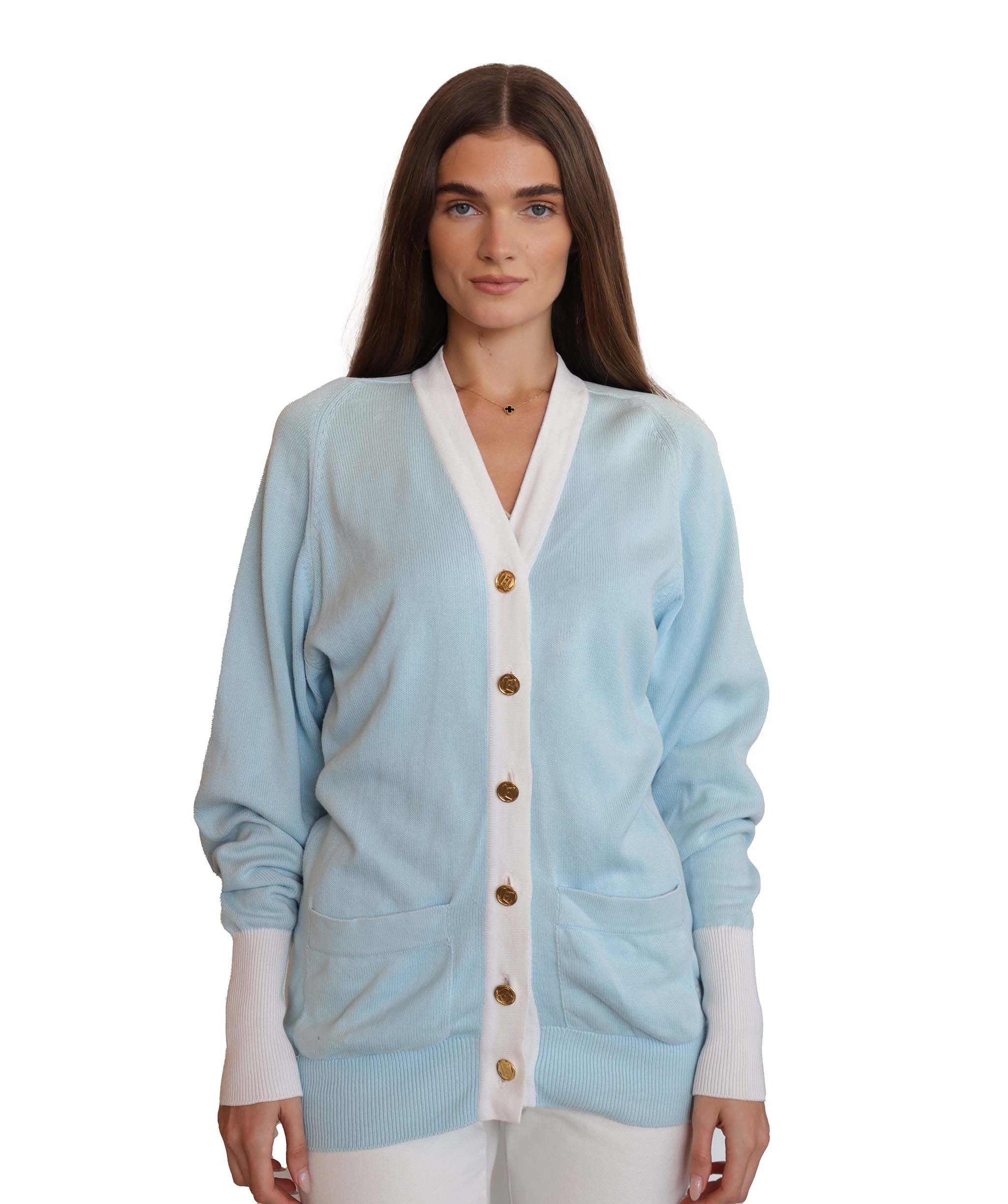 Chanel Long Sleeve Cardigan Light Blue White DXBS2007