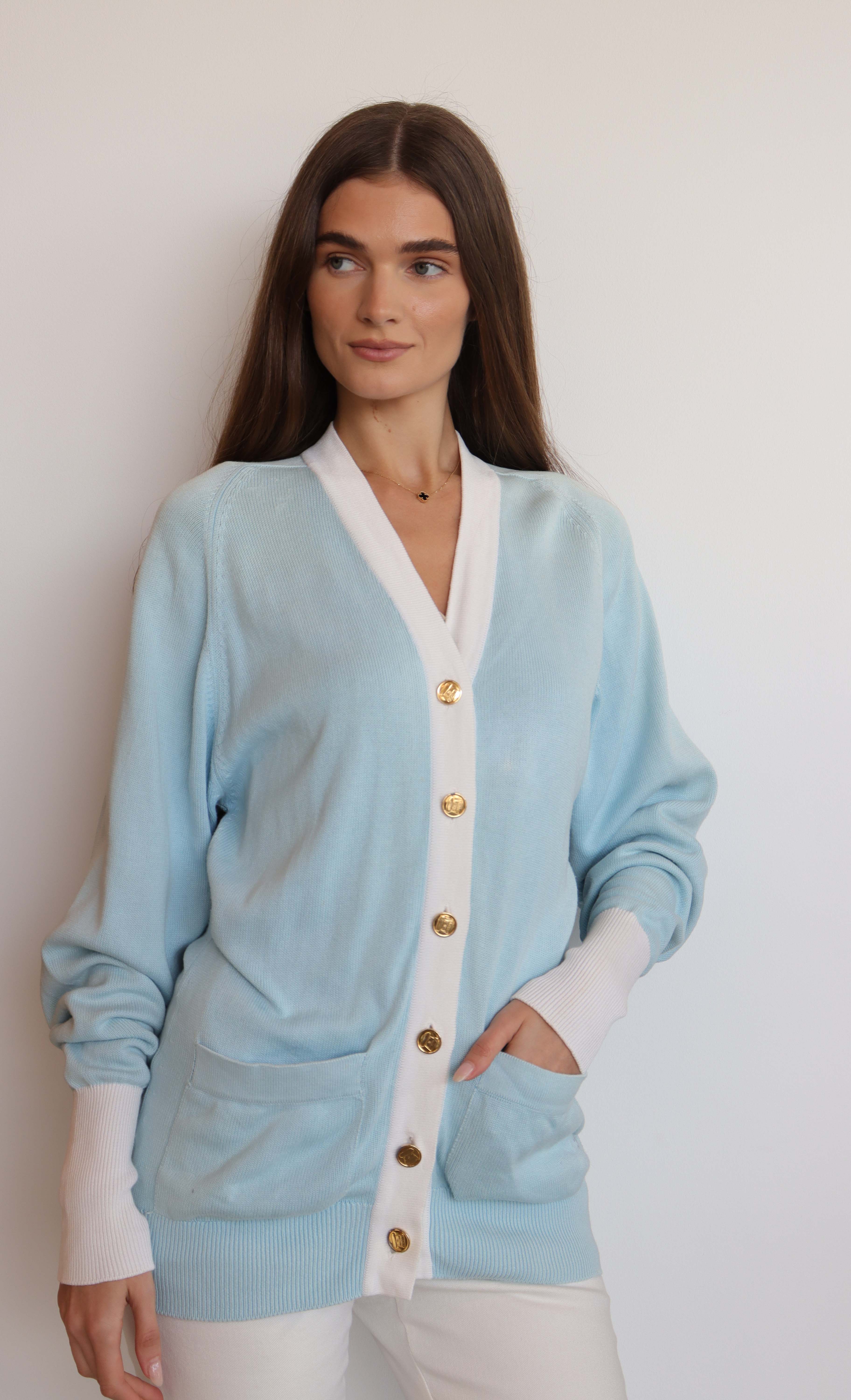 Chanel Long Sleeve Cardigan Light Blue White DXBS2007