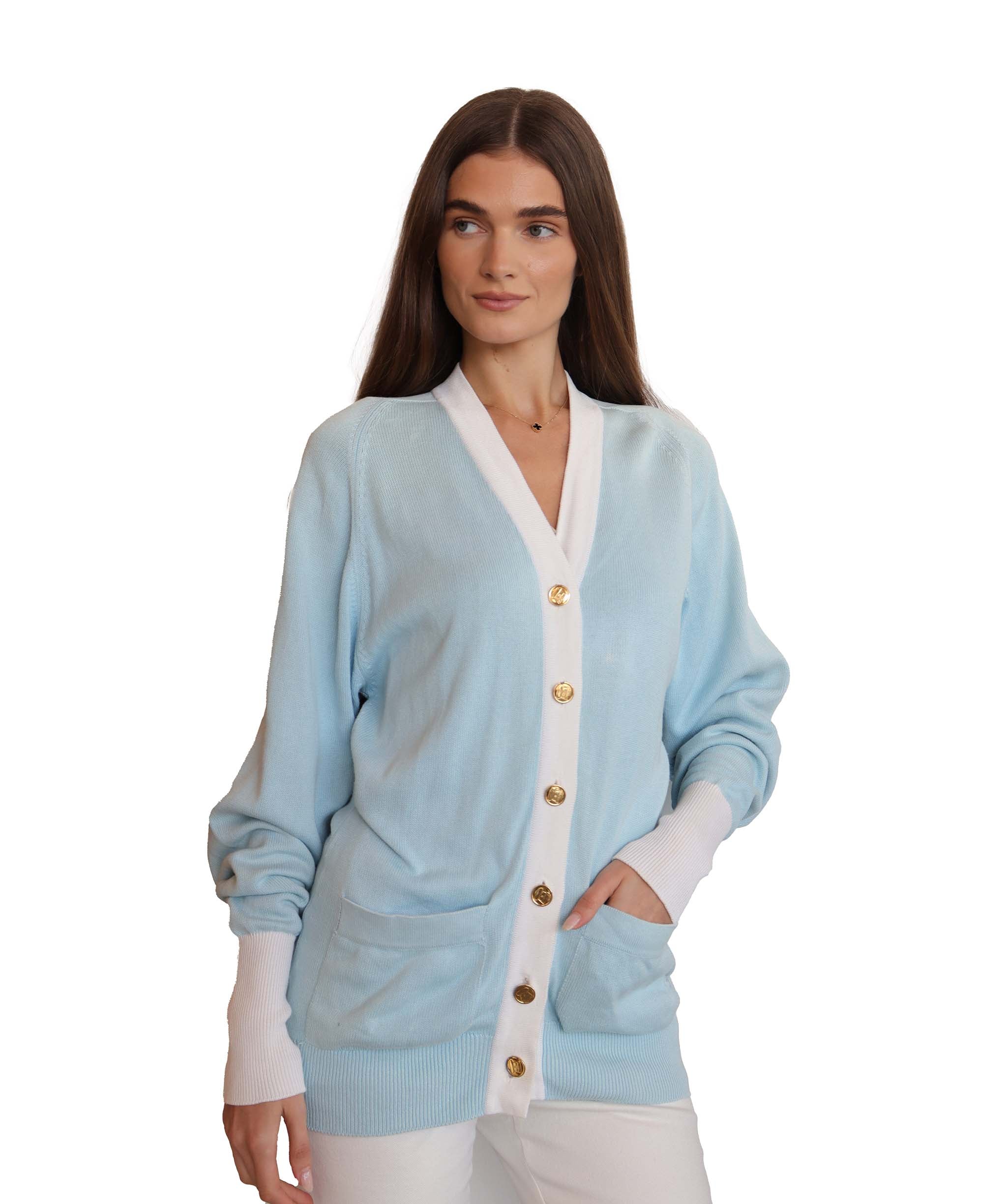 Chanel Long Sleeve Cardigan Light Blue White DXBS2007