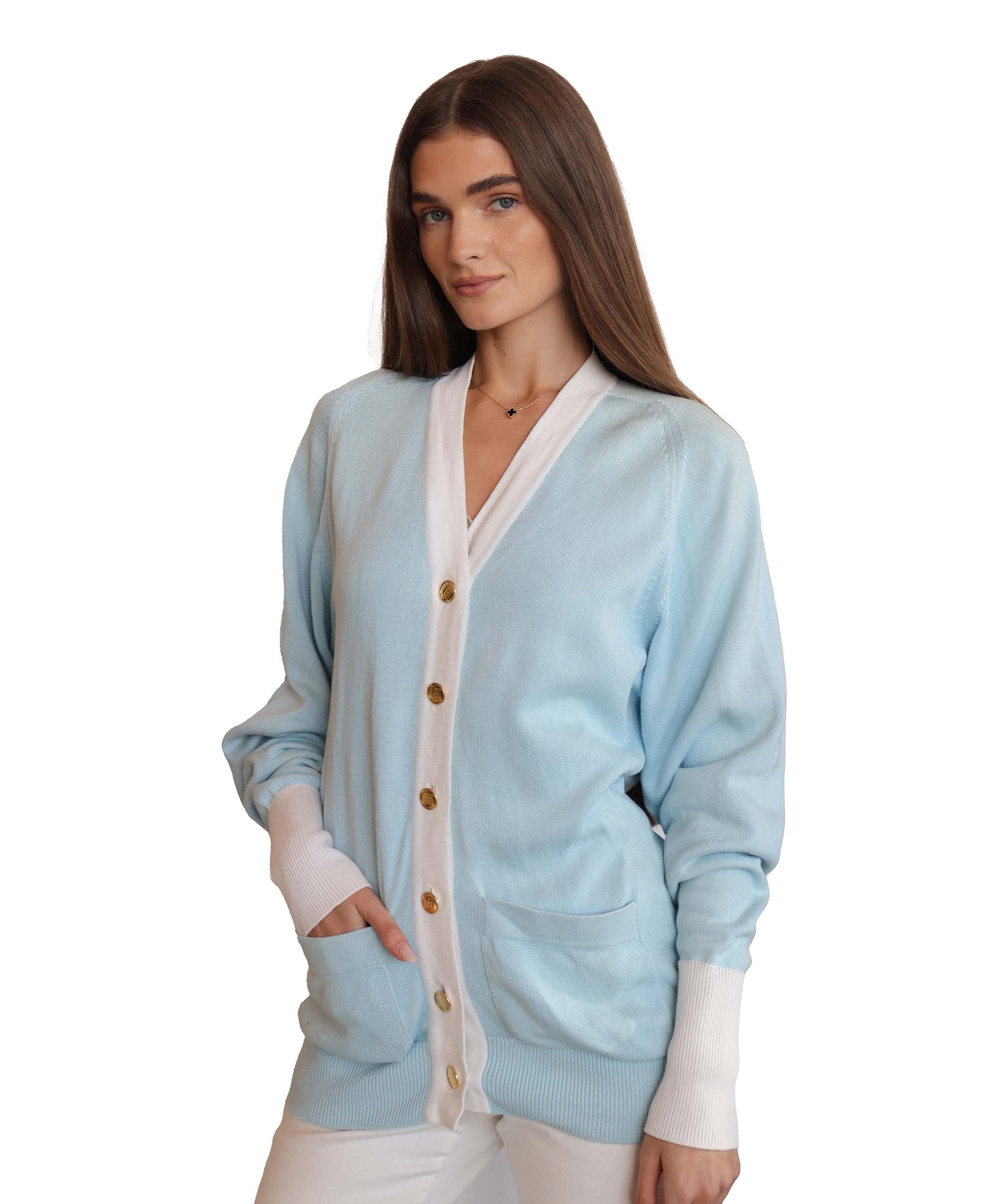 Chanel Long Sleeve Cardigan Light Blue White DXBS2007