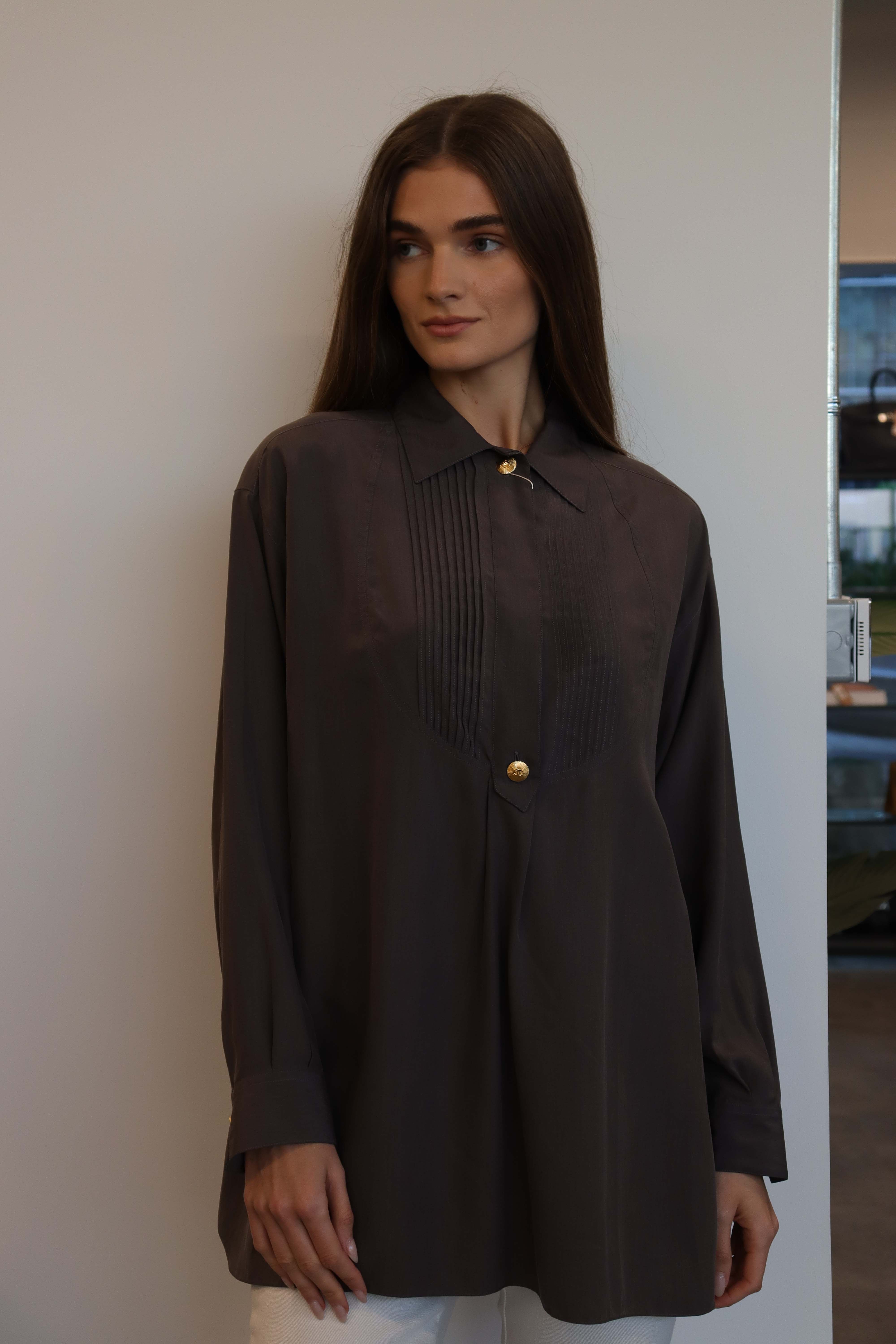 Chanel Long Sleeve Shirt Gray Gold Button DXBS2011