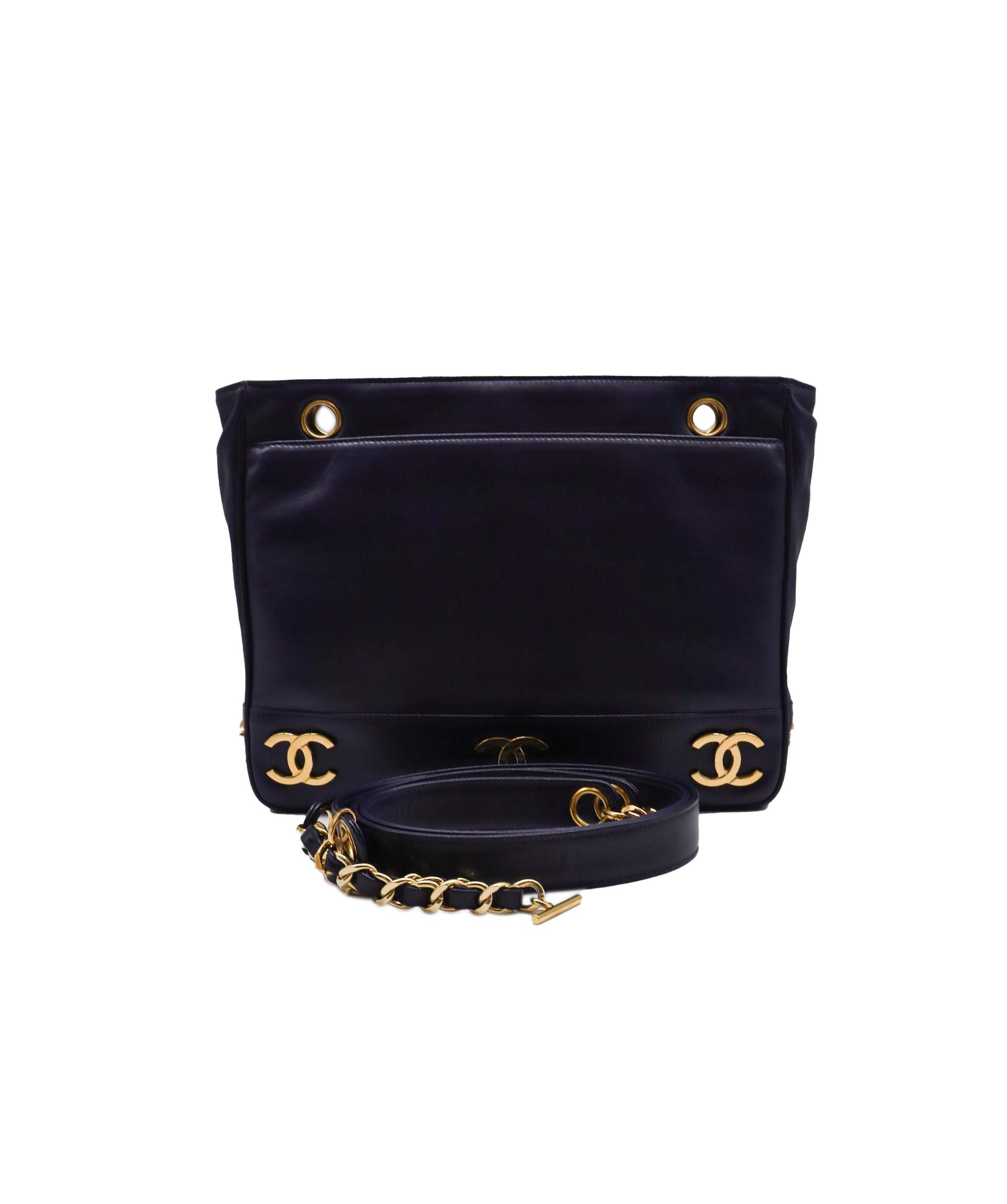 CHANEL VINTAGE TRIPLE COCO CHAIN TOTE NAVY LAMBSKIN 90250083