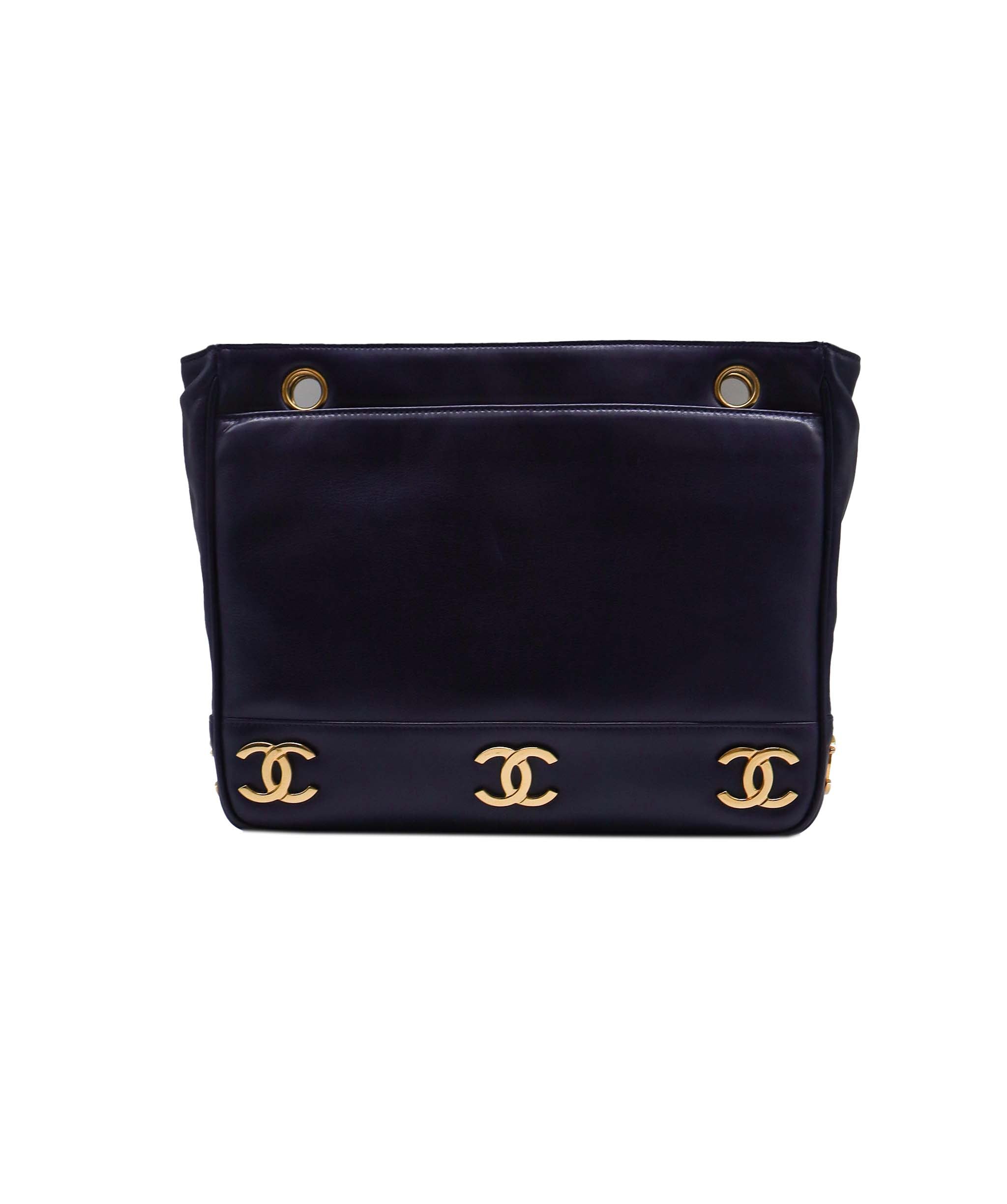 CHANEL VINTAGE TRIPLE COCO CHAIN TOTE NAVY LAMBSKIN 90250083