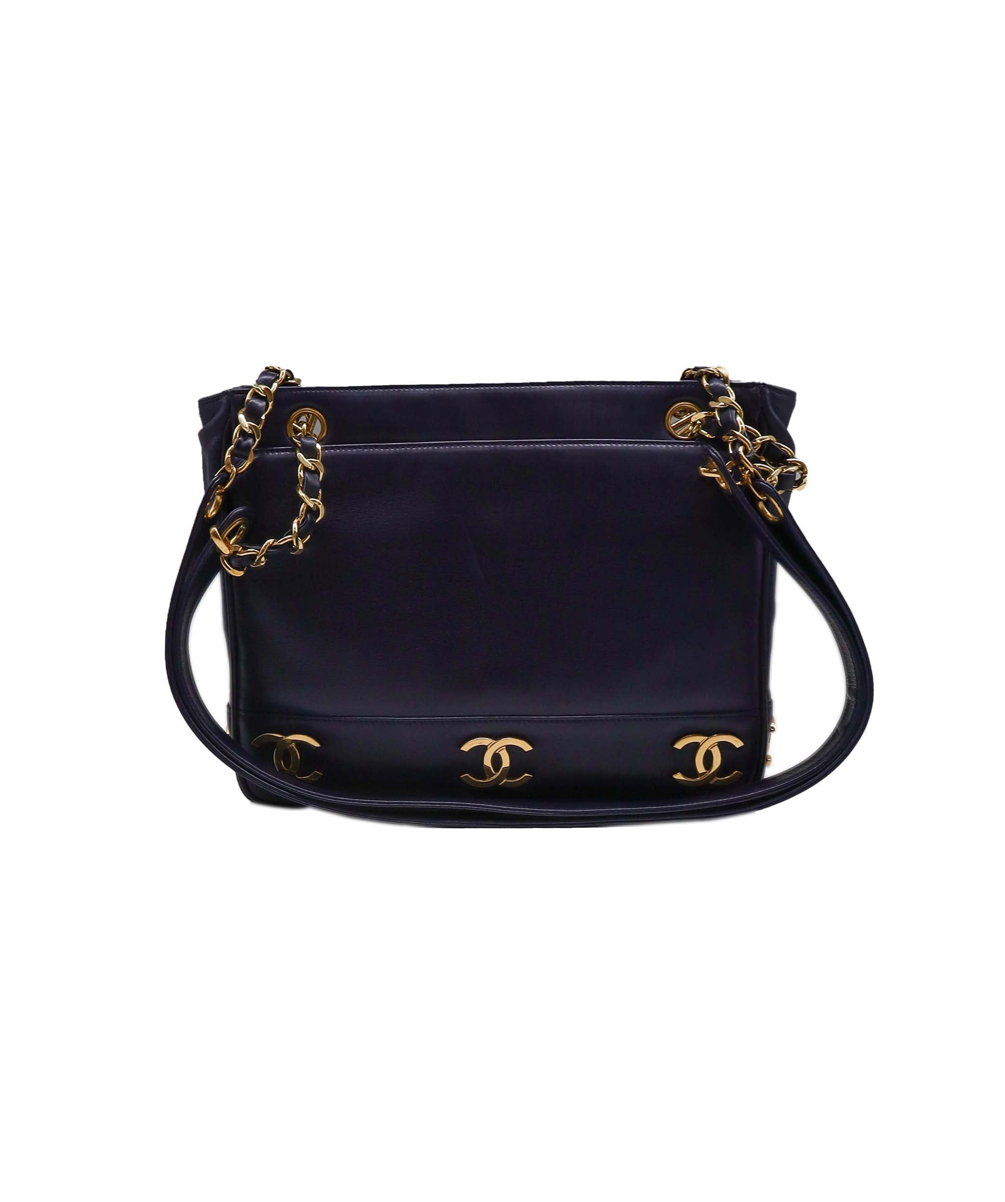 CHANEL VINTAGE TRIPLE COCO CHAIN TOTE NAVY LAMBSKIN 90250083