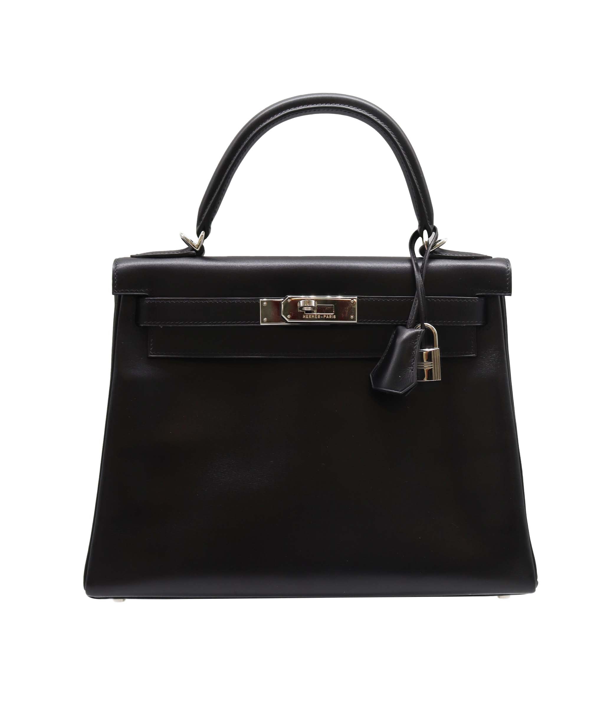 HERMES KELLY 28 RETOURNE BLACK BOXCALF HAND SHOULDER BAG □F DXBS2192