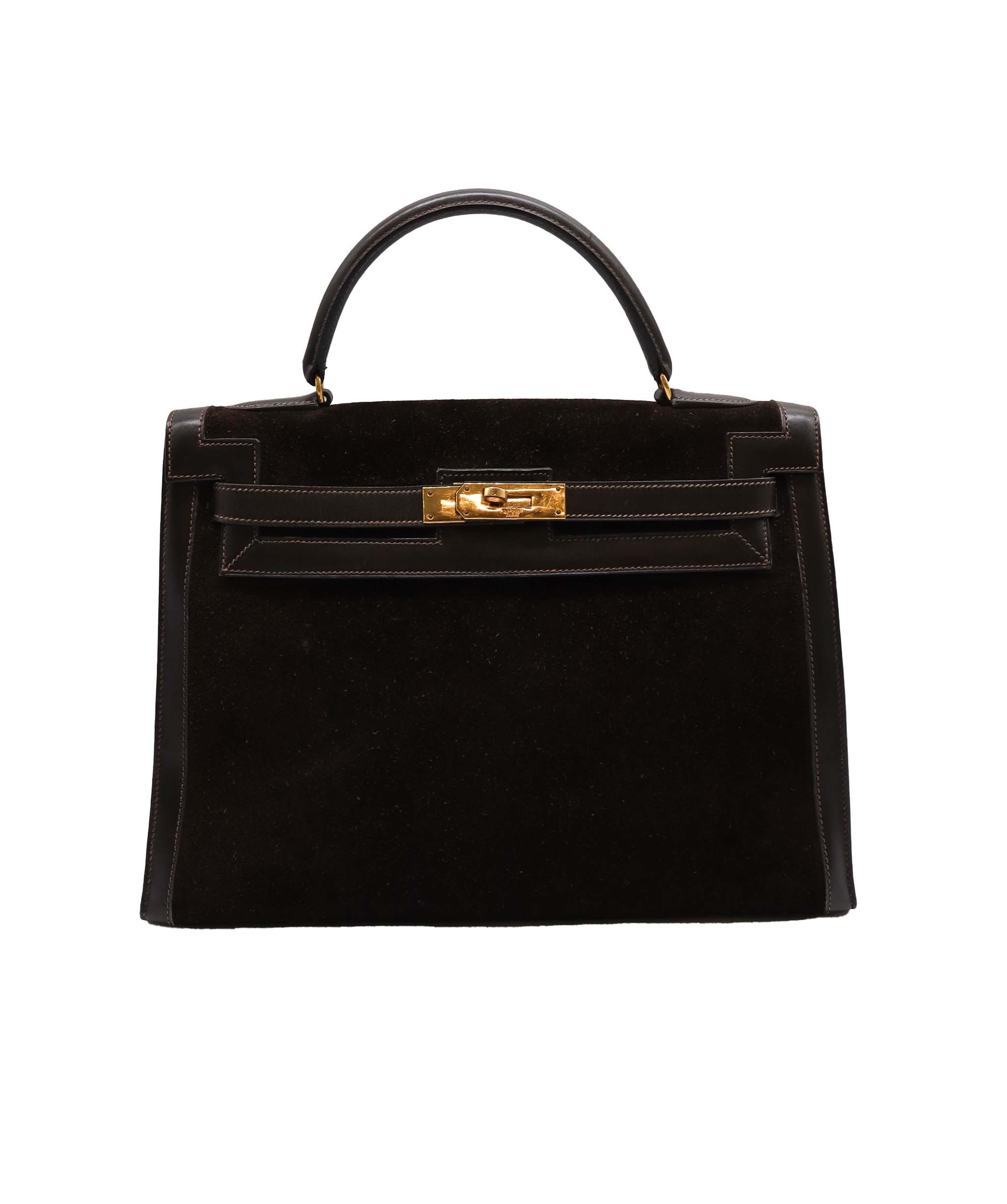 HERMES KELLY32 BOXCALF DEBRIS suede HAND BAG 〇D 90252984 DXBS1383