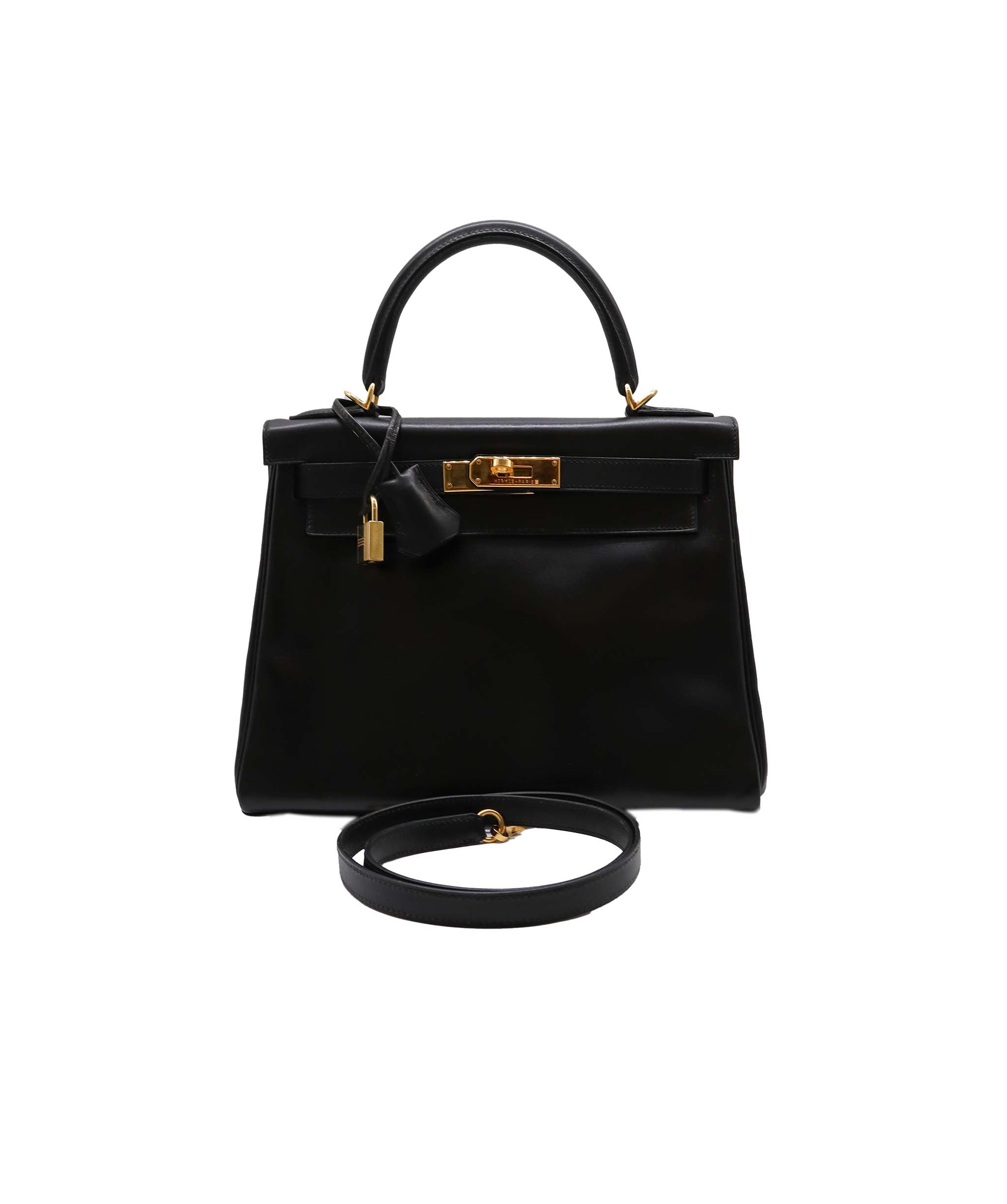 HERMES KELLY 28 RETOURNE BLACK BOXCALF HAND SHOULDER BAG □D 90251946 DXBS1351