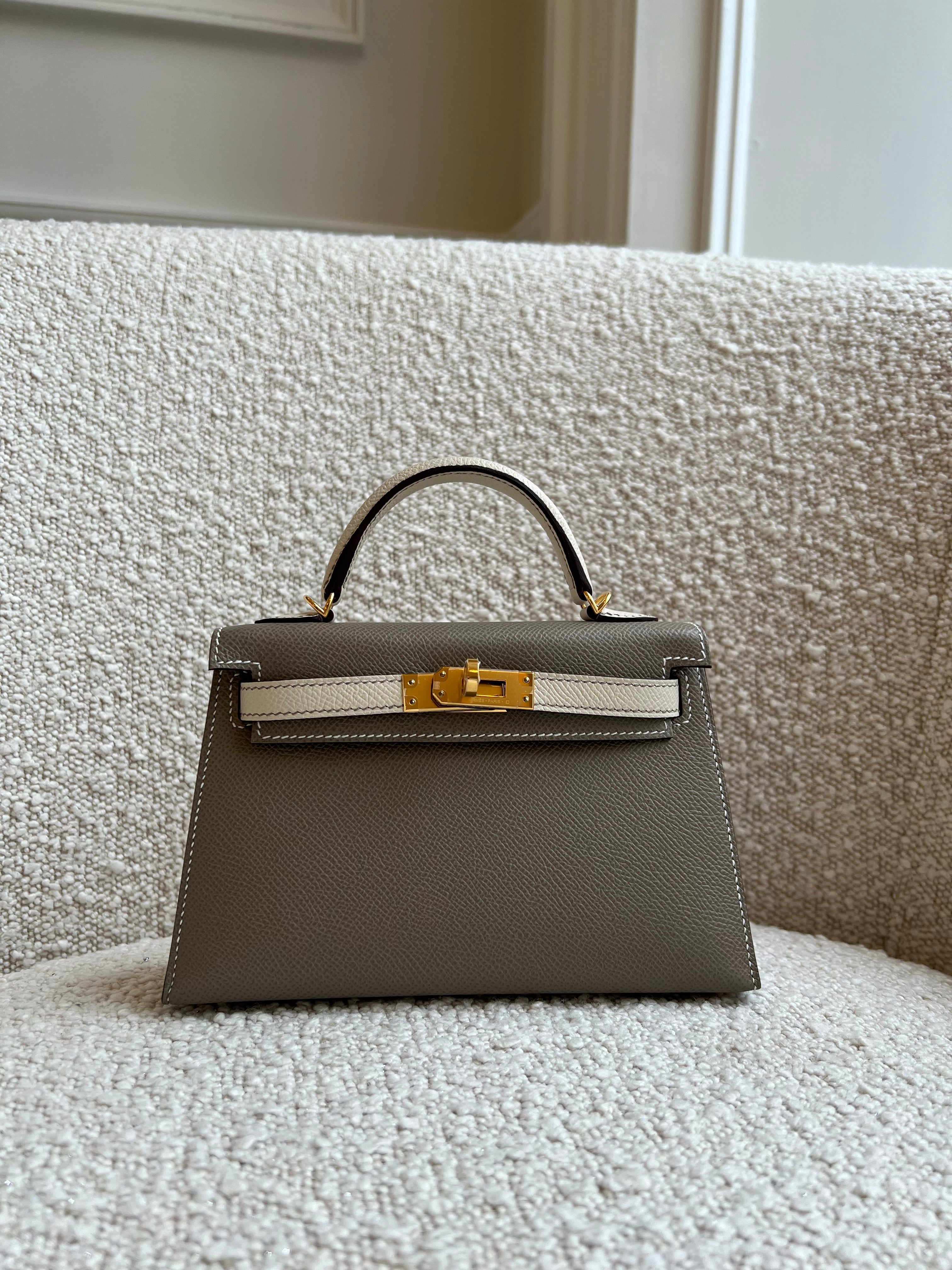 HERMÈS MINI KELLY II 20CM HSS SPECIAL ORDER GRIS ASPHALTE & CRAIE Epsom Leather with Gold Hardware