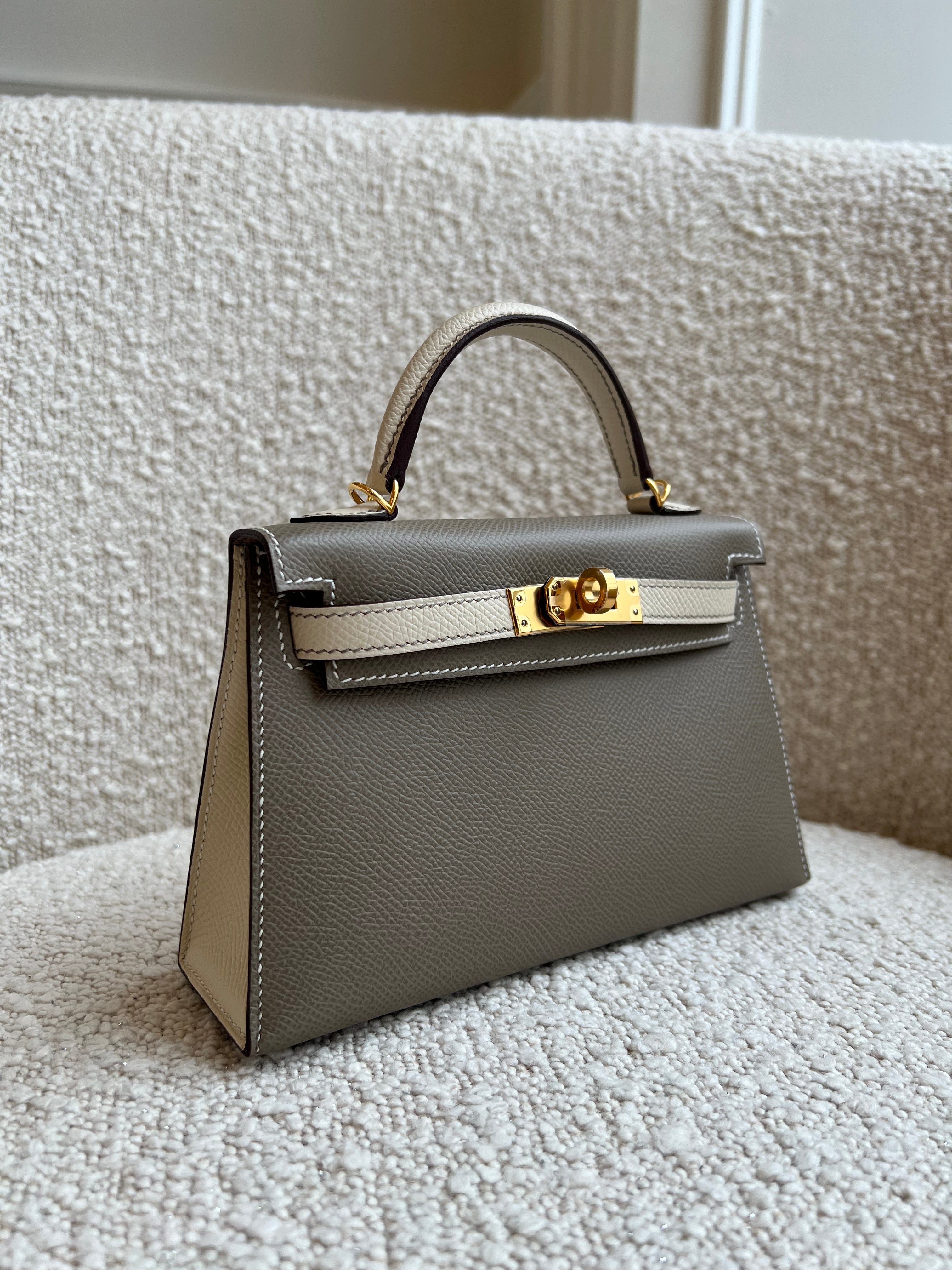 HERMÈS MINI KELLY II 20CM HSS SPECIAL ORDER GRIS ASPHALTE & CRAIE Epsom Leather with Gold Hardware