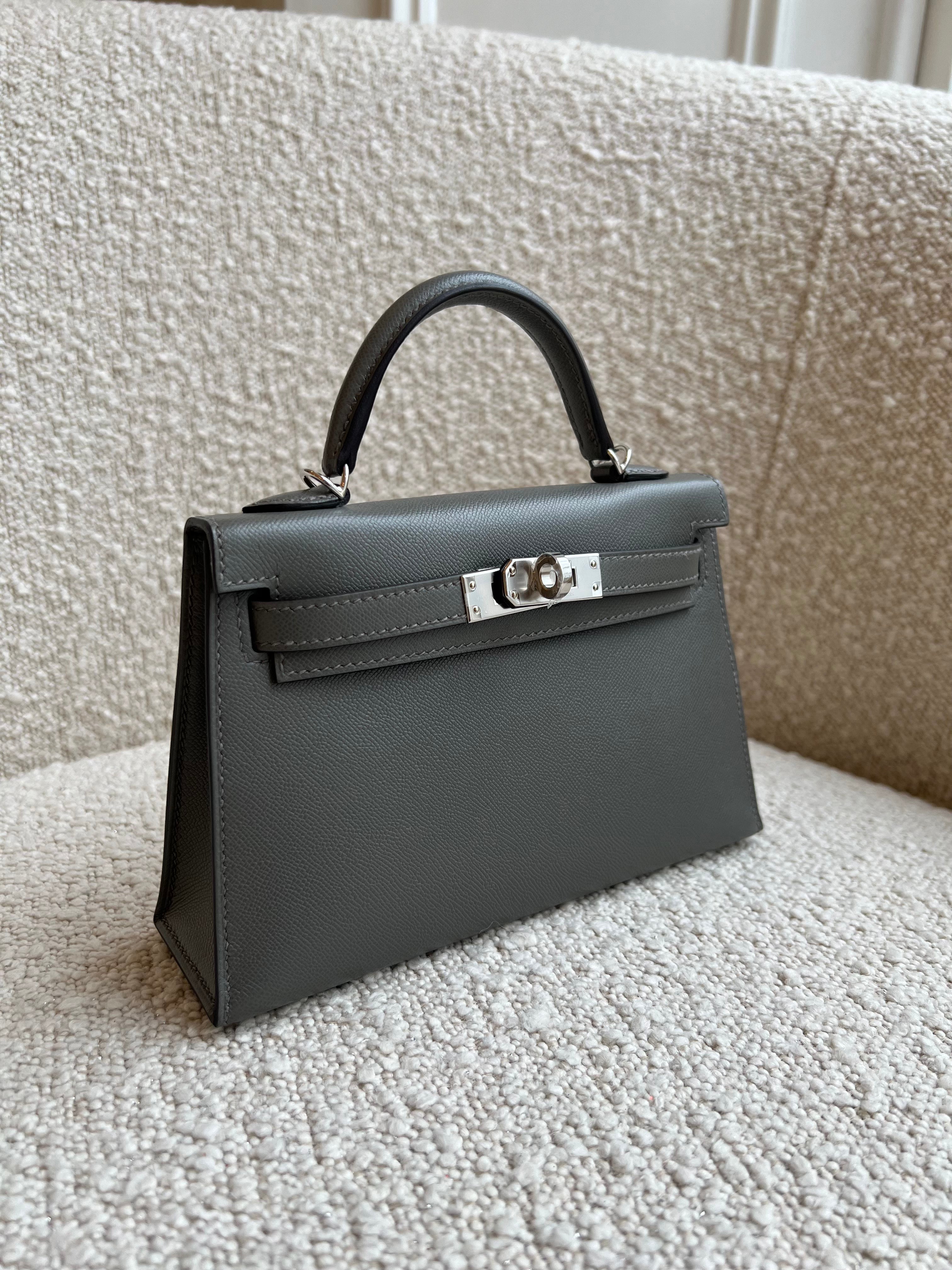 HERMÈS MINI KELLY II 20CM GRIS MEYER Madame Leather with Palladium Hardware