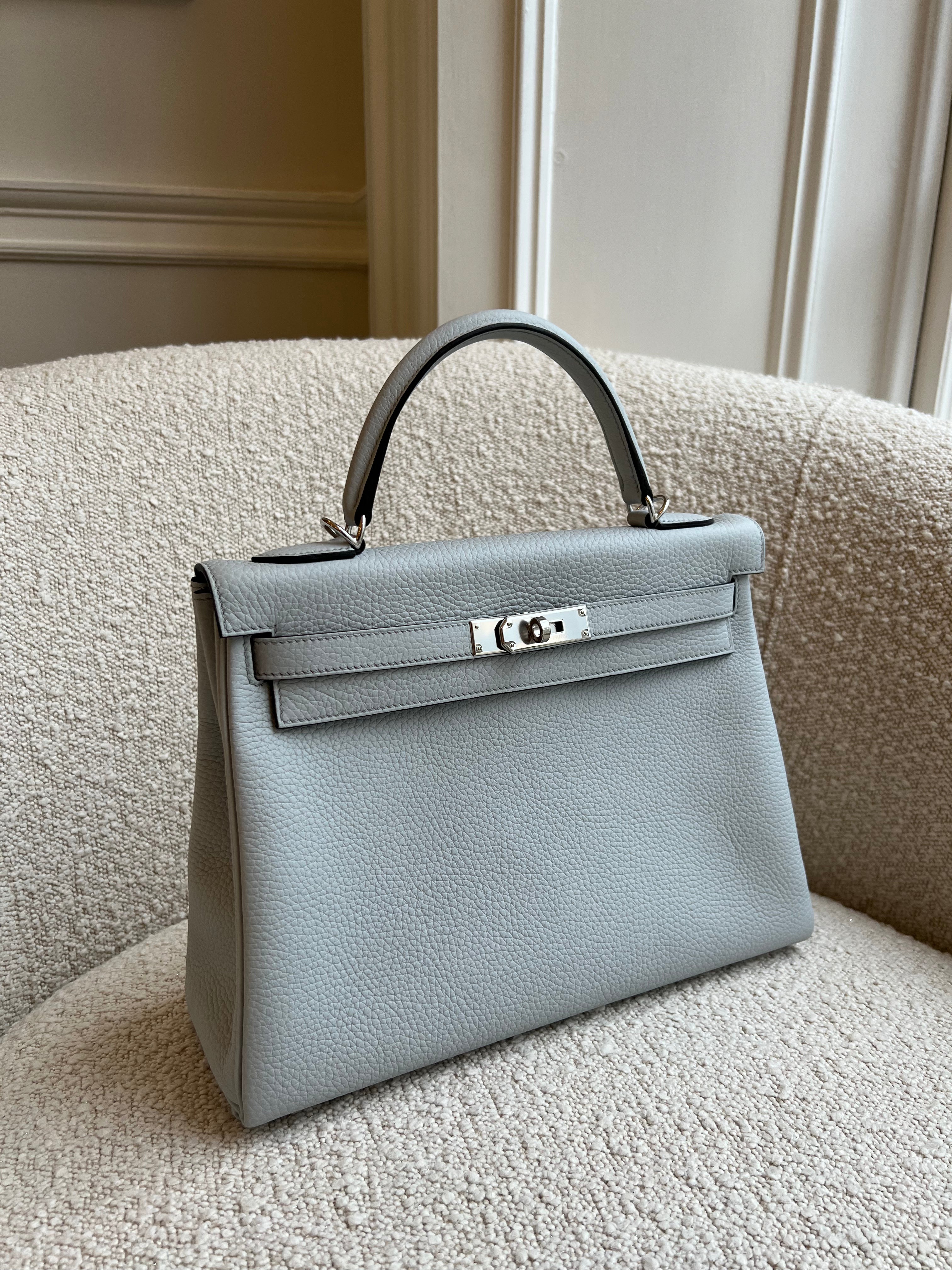 HERMÈS KELLY 32CM BLUE PALE Clemence Leather with Palladium Hardware