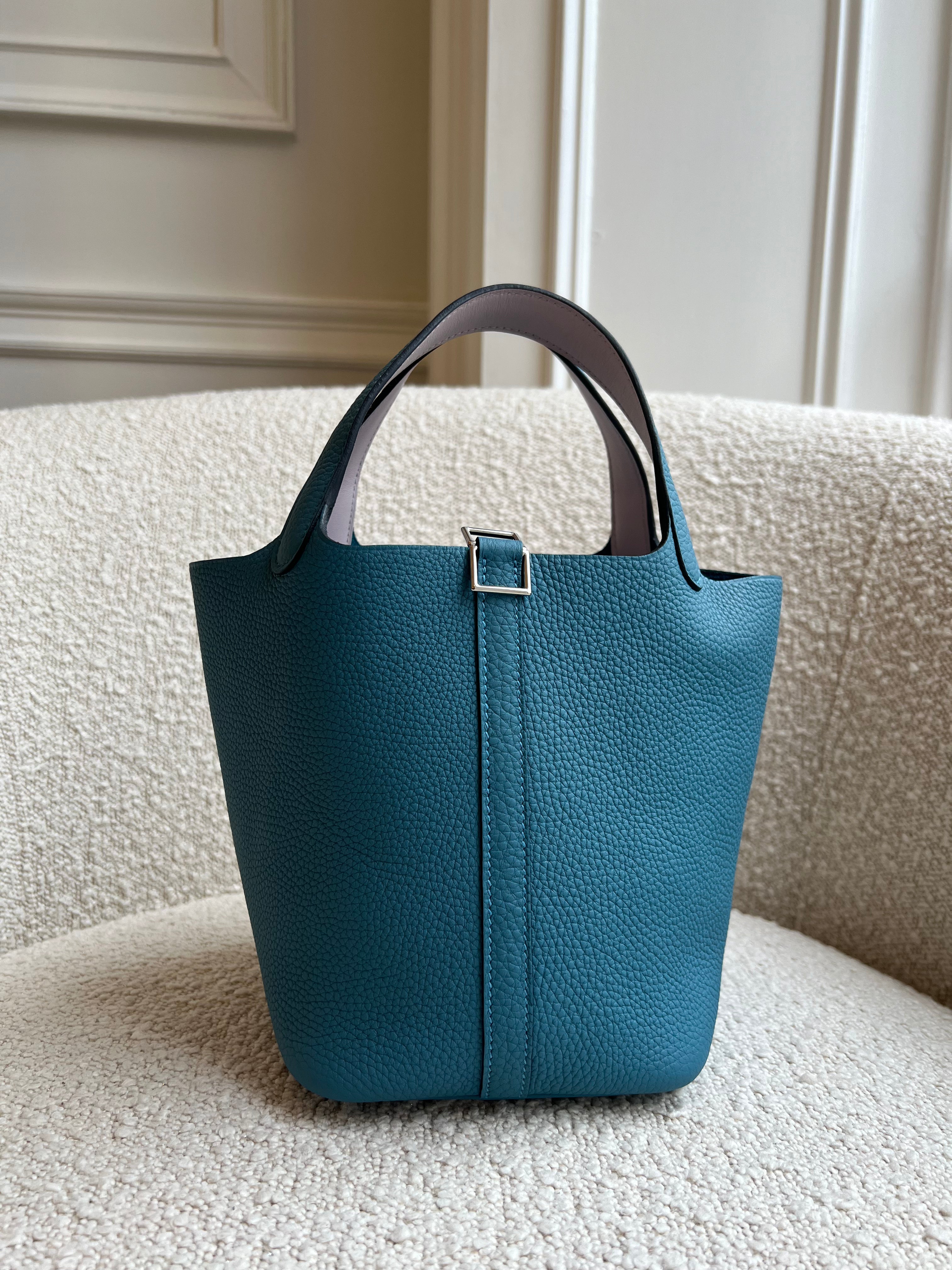 HERMÈS PICOTIN 18CM BLUE JEAN & MAUVE PALE Clemence and Swift Leather with Palladium Hardware