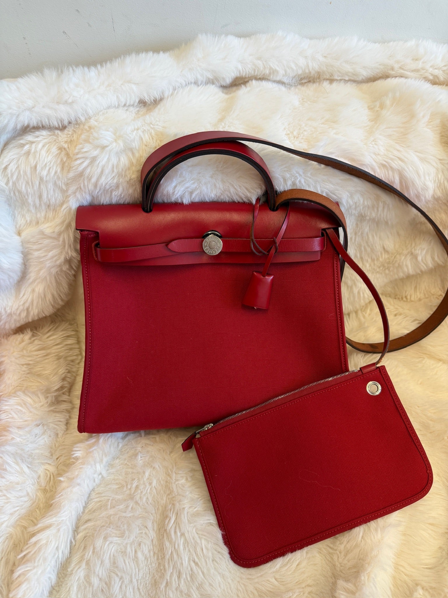 Hermes Herbag 31 Stamp D Red Canvas Leather