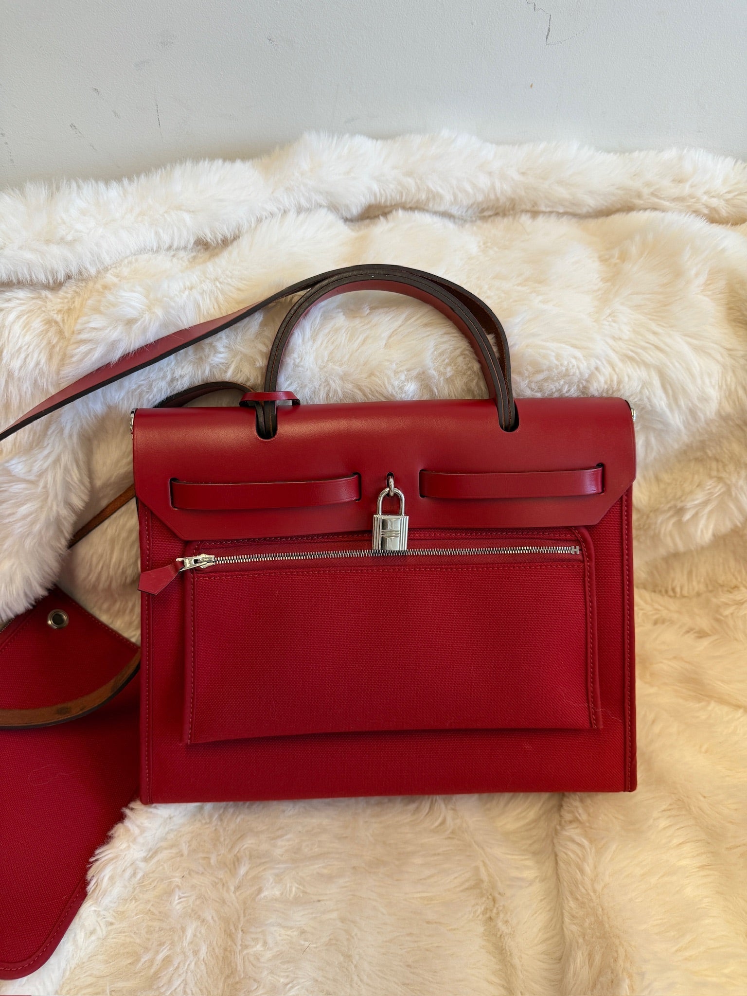 Hermes Herbag 31 Stamp D Red Canvas Leather