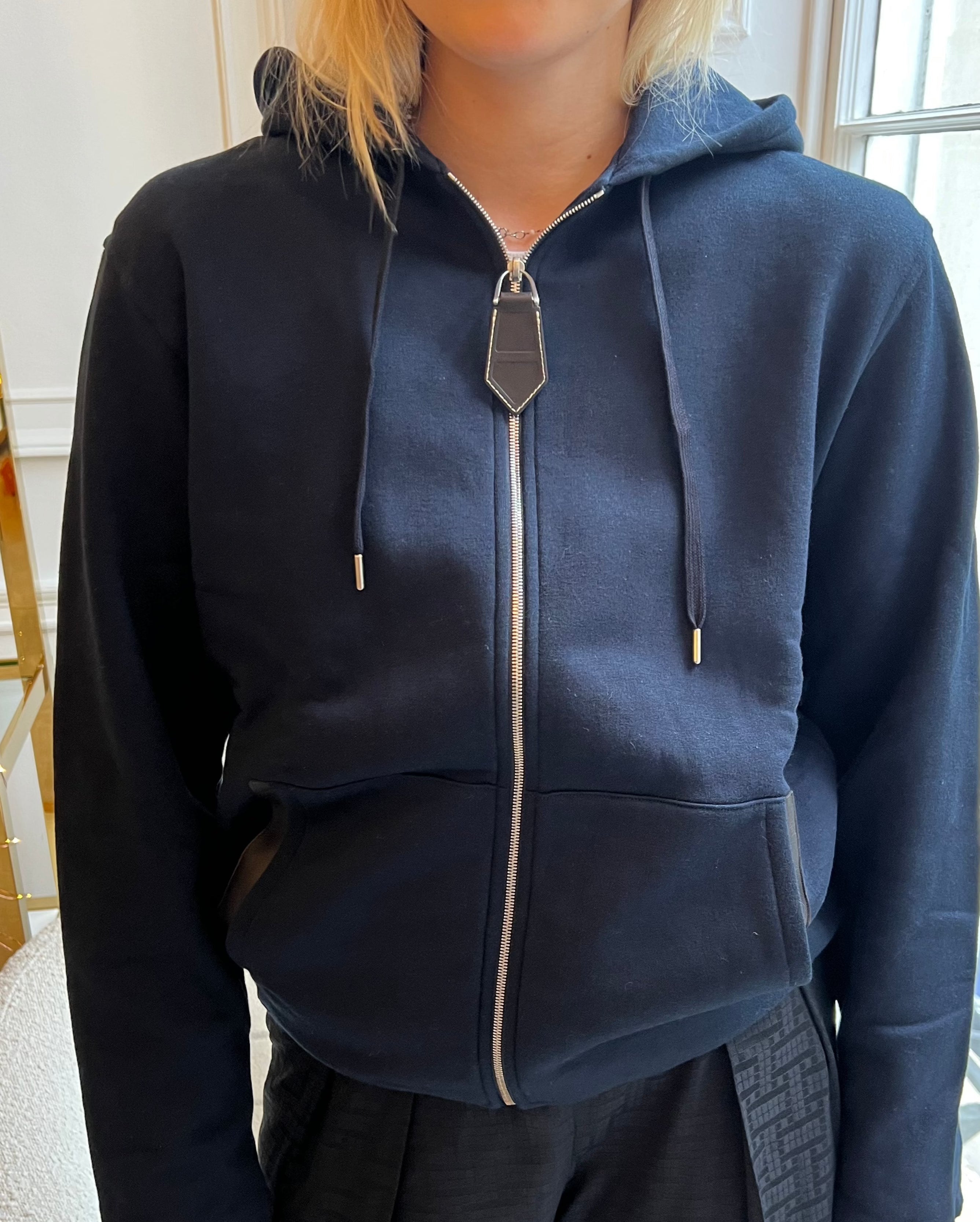 HERMÈS Hooded Sweatshirt with Leather Detail in Marine