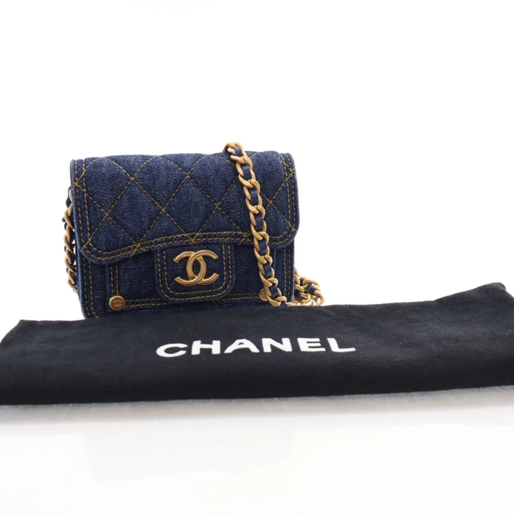 Chanel Double You CC Flap Clutch with Chain Quilted Blue Denim L-DHRLZG