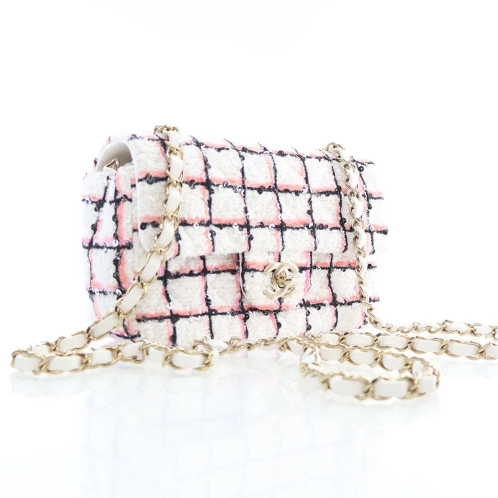 Chanel Mini White Multicolor Tweed Sequin Single Flap L-OIALM4