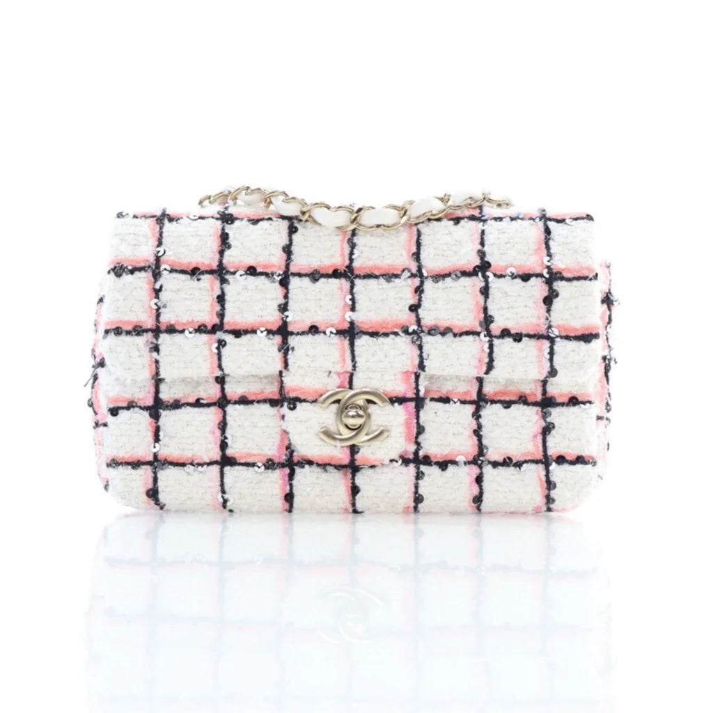 Chanel Mini White Multicolor Tweed Sequin Single Flap L-OIALM4