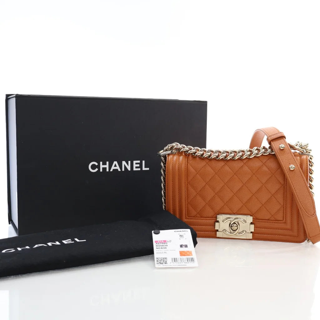 Chanel 21A Small Boy Bag Caramel Brown Caviar L-ZZM8B1