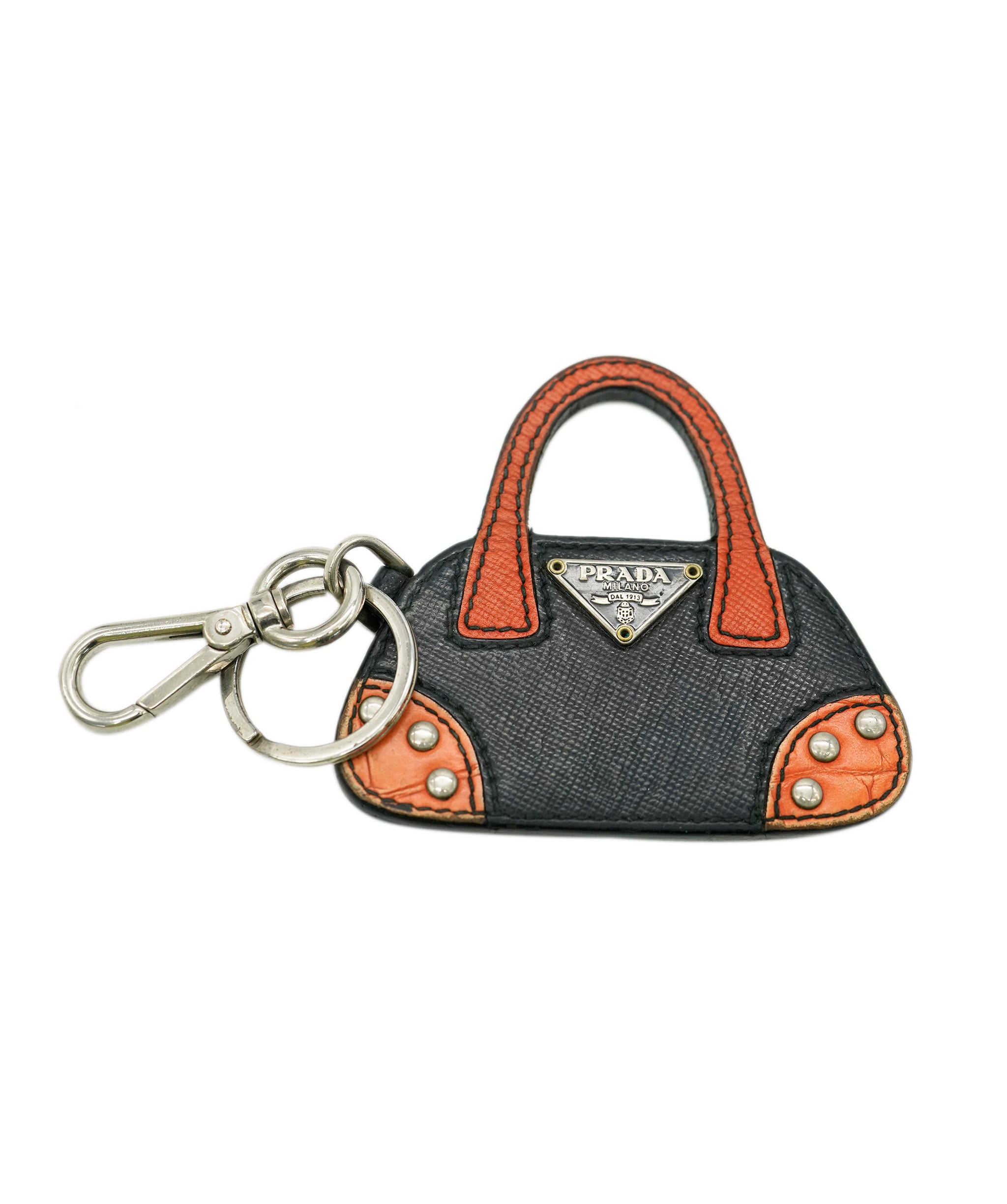 PRADA Key Holder Saffiano Leather Metal Black Orange Silver Auth kk310 DBXS1717