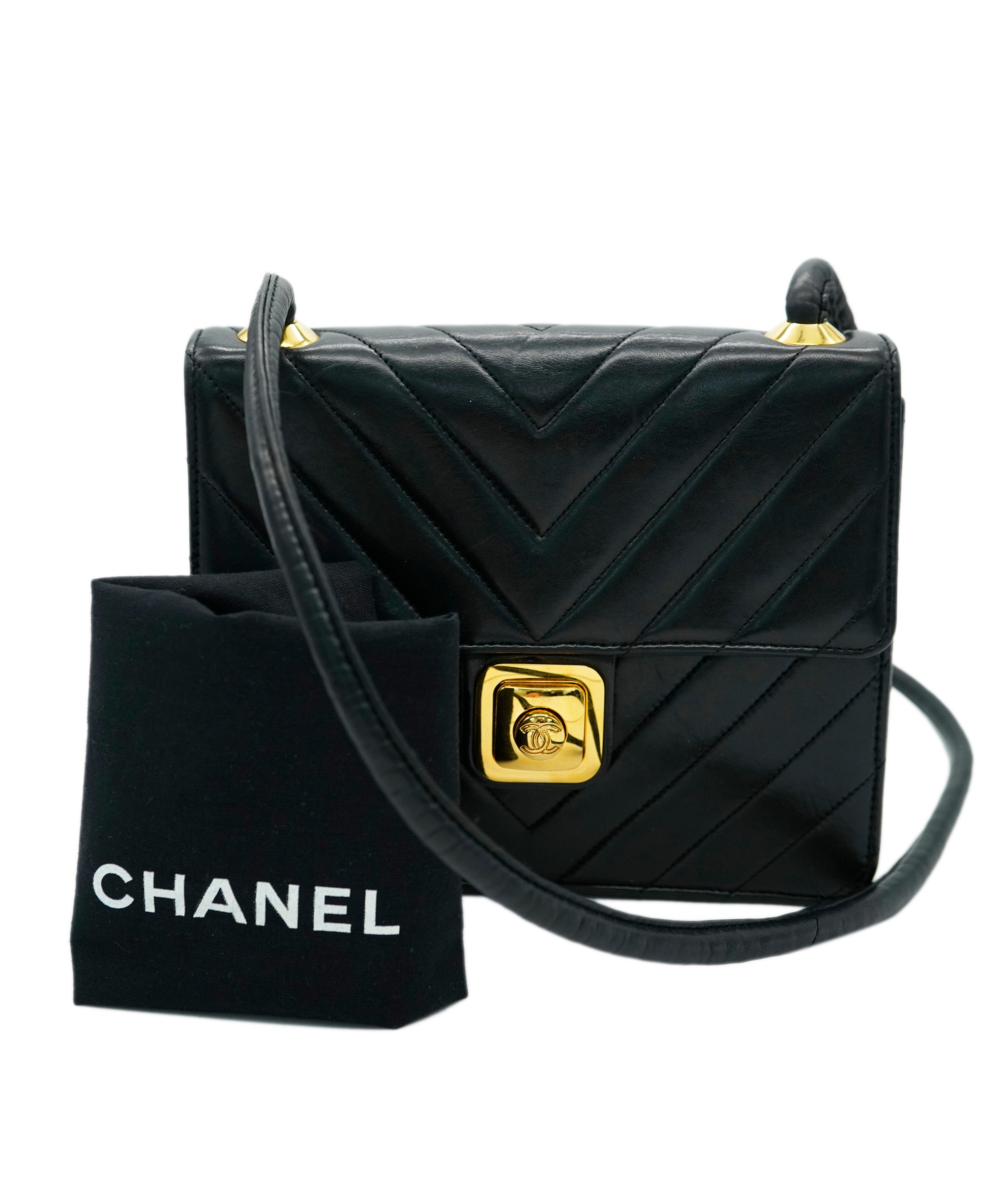 Chanel Black Vintage Square Chevron Crossbody  ALC1543