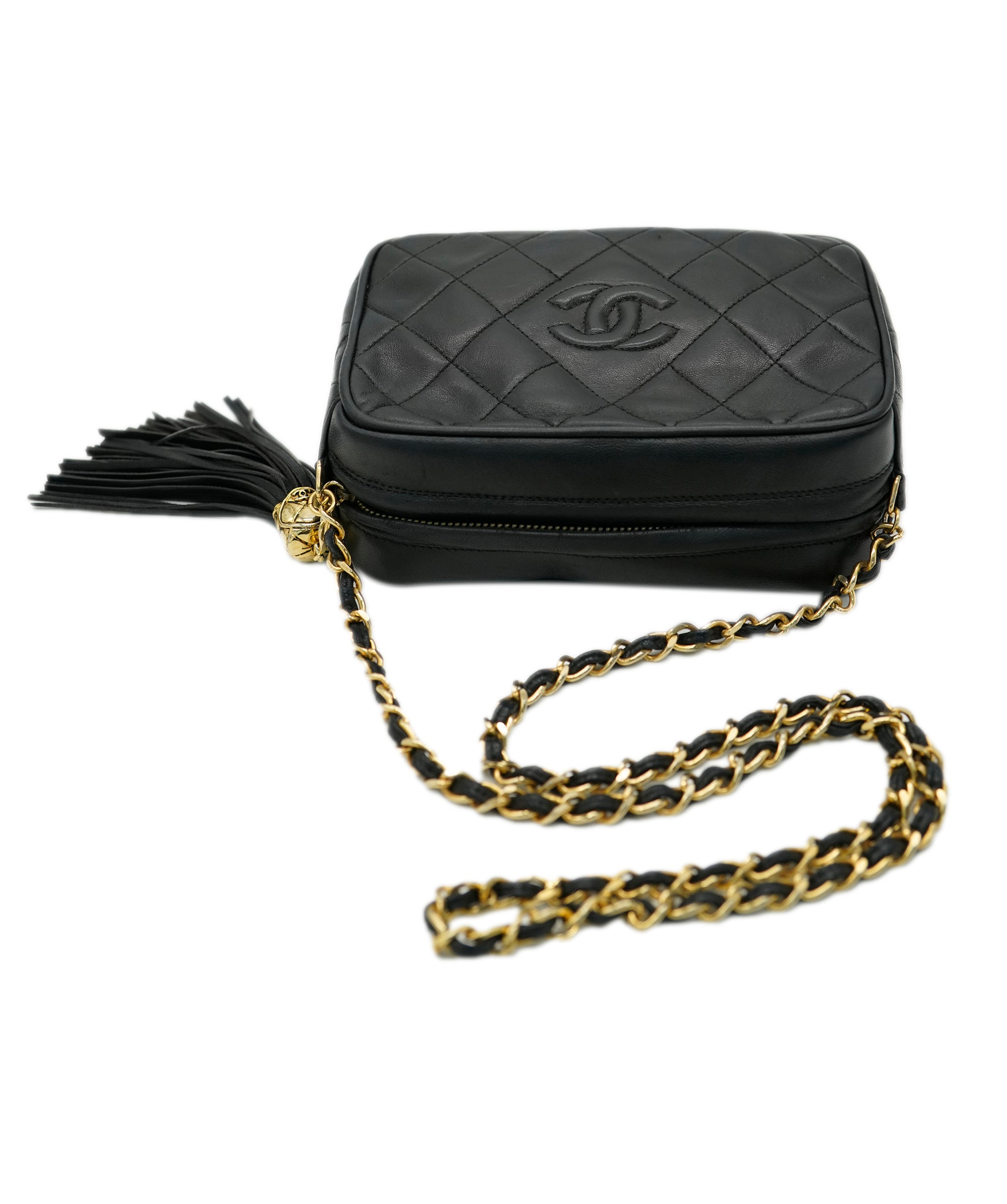 CHANEL VINTAGE MATELASSE FRINGE CHAIN SHOULDER BAG BLACK LAMB SKIN 90243363 DBXS0645