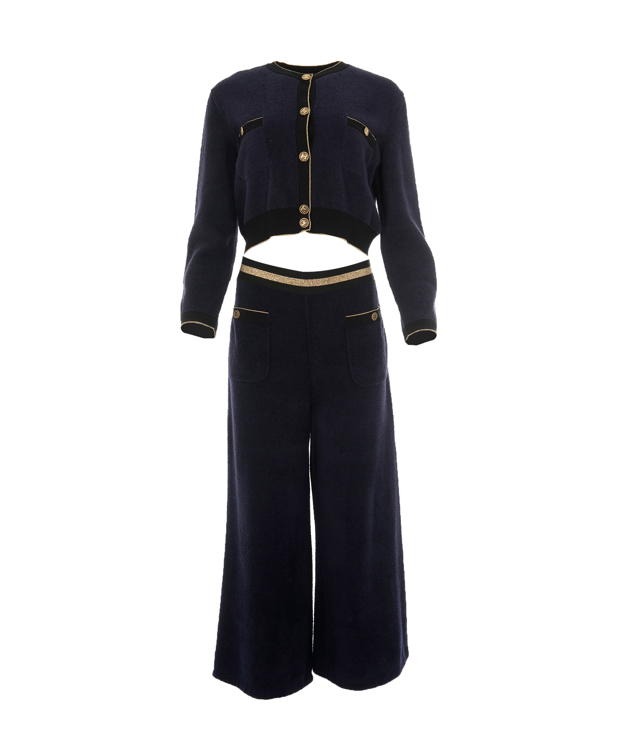 Chanel 19C Navy Brushed Cotton CC Button Cropped Cardigan & Trouser Set ALC1811