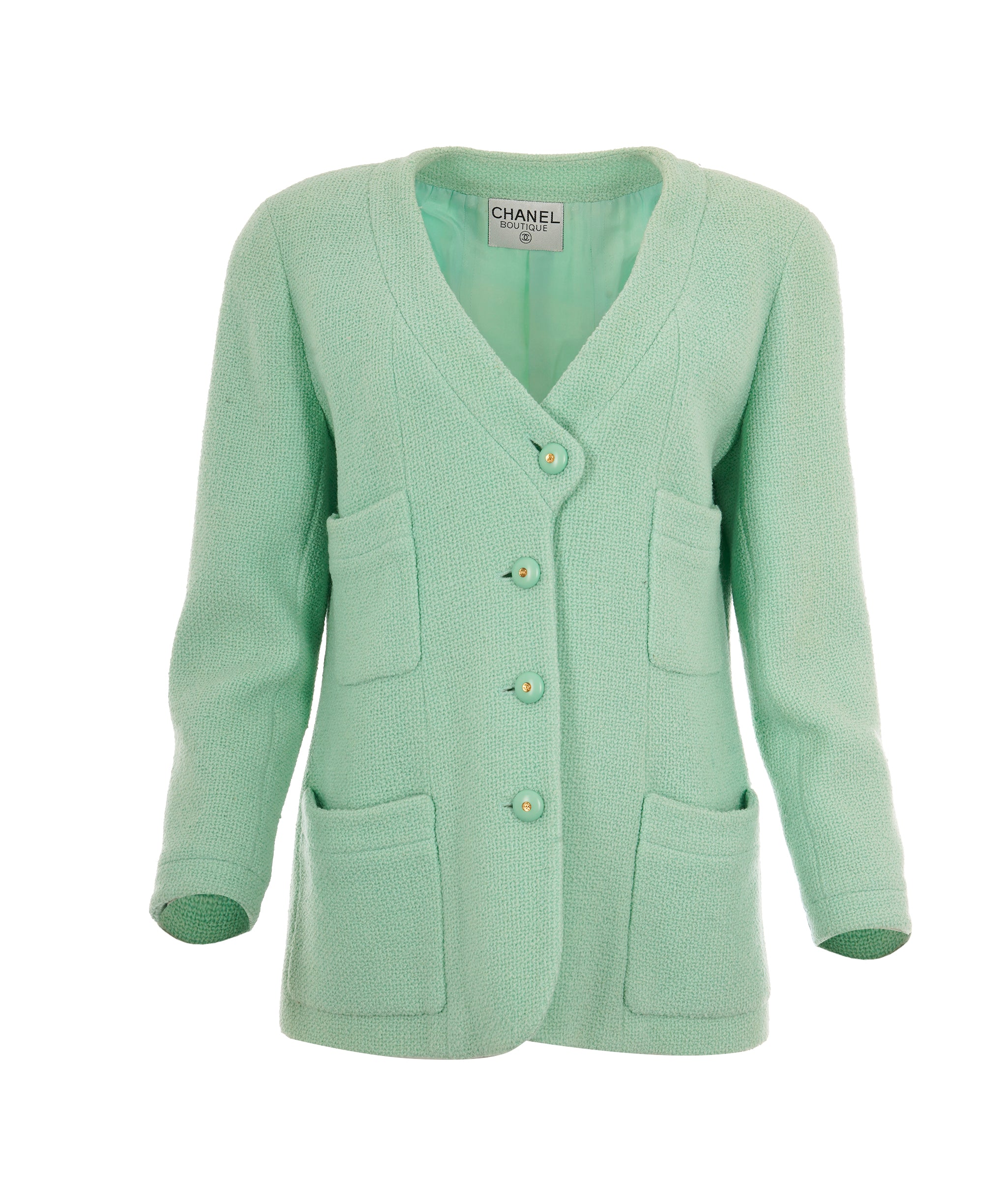 Chanel Vintage Mint Green V-Neck CC Boucle Jacket ALC1830