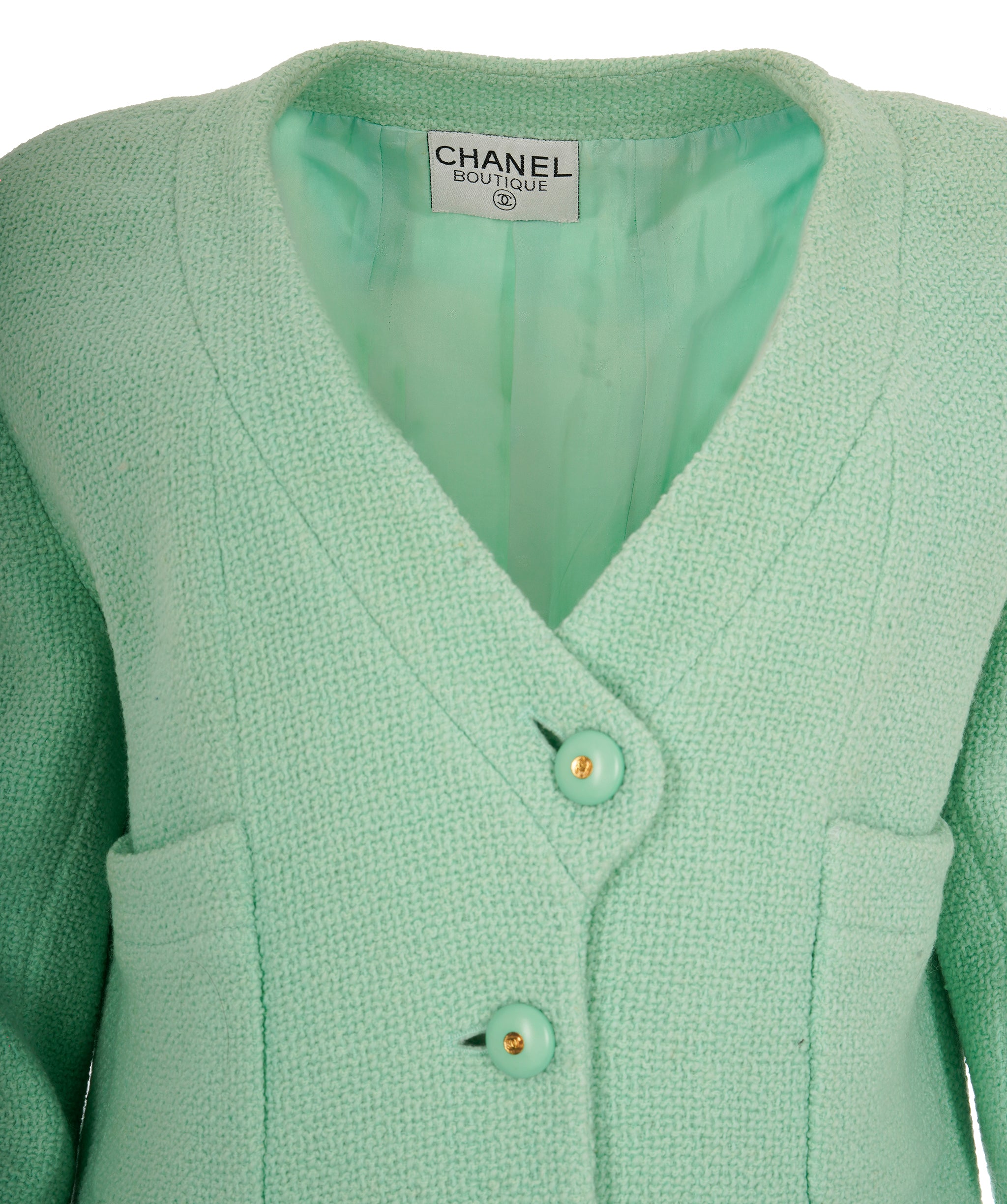 Chanel Vintage Mint Green V-Neck CC Boucle Jacket ALC1830