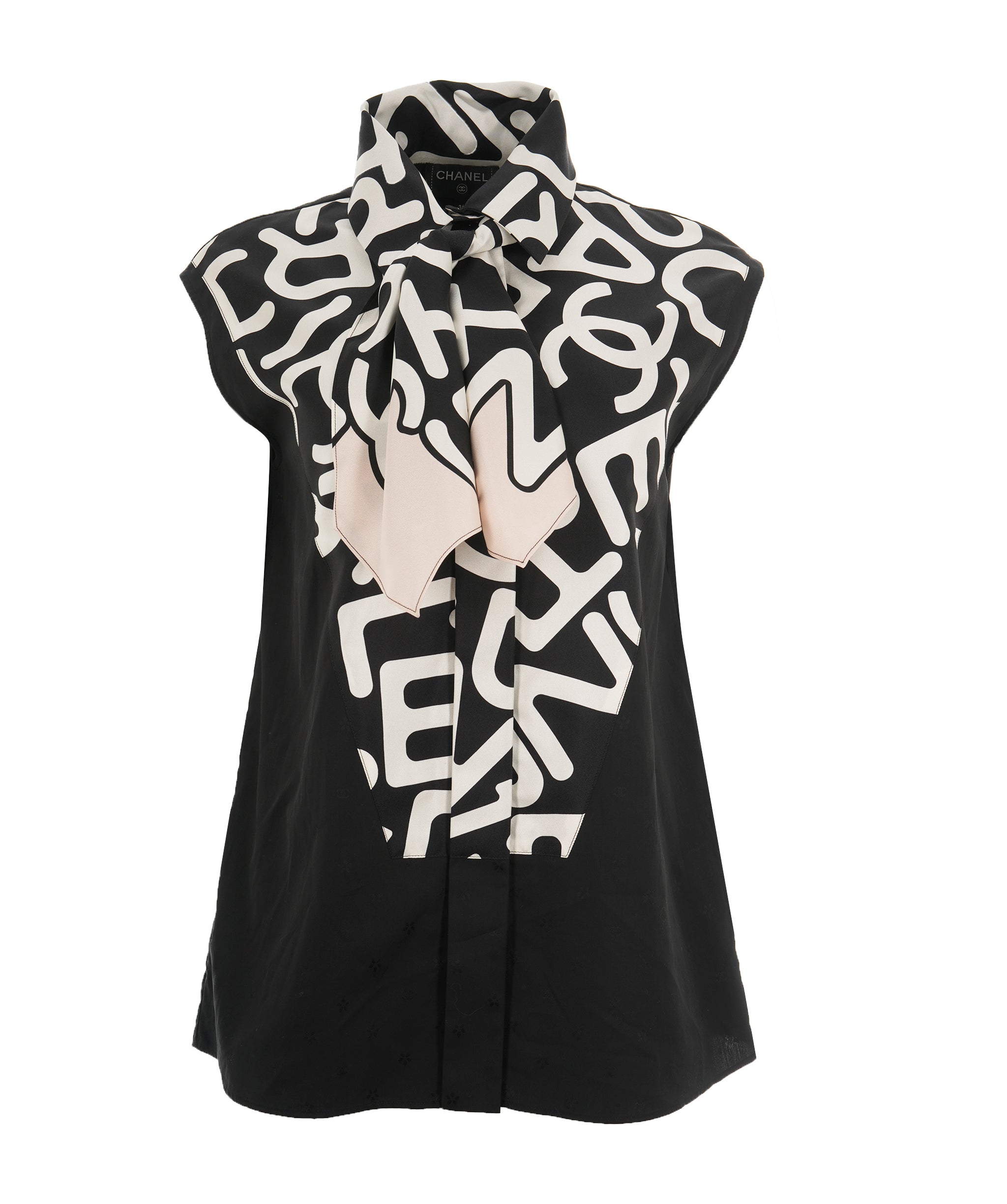 Chanel 21 Black & White Silk CC Logo Necktie Sleeveless Blouse ALL0792