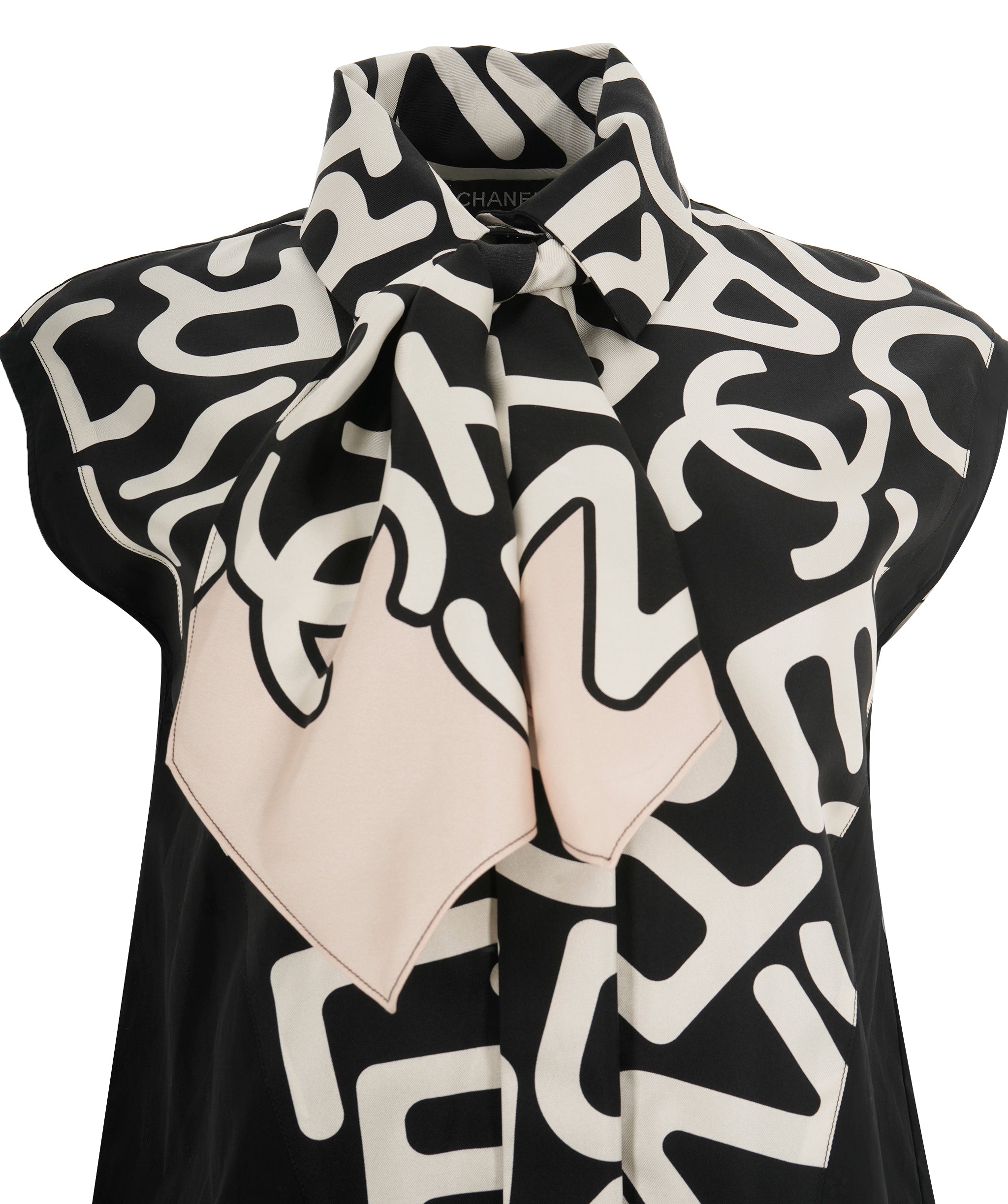 Chanel 21 Black & White Silk CC Logo Necktie Sleeveless Blouse ALL0792