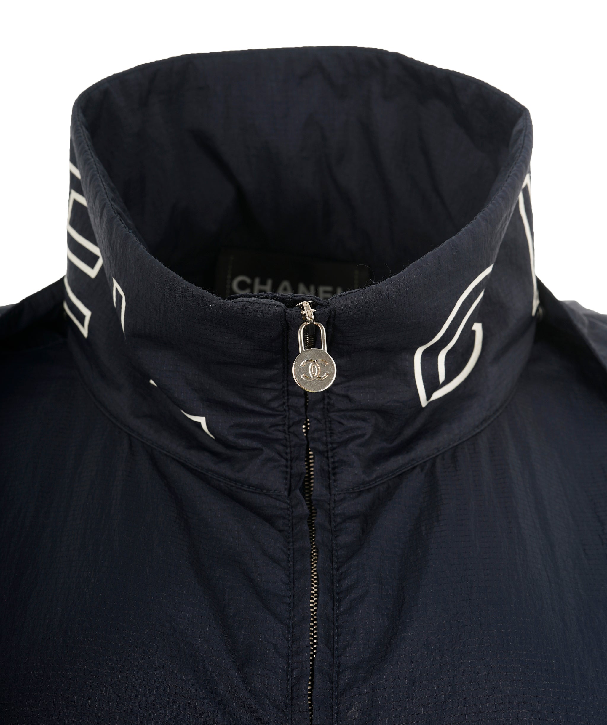 Chanel 15P Navy Nylon Logo-Collar Hooded Windbreaker Jacket  ALL0784