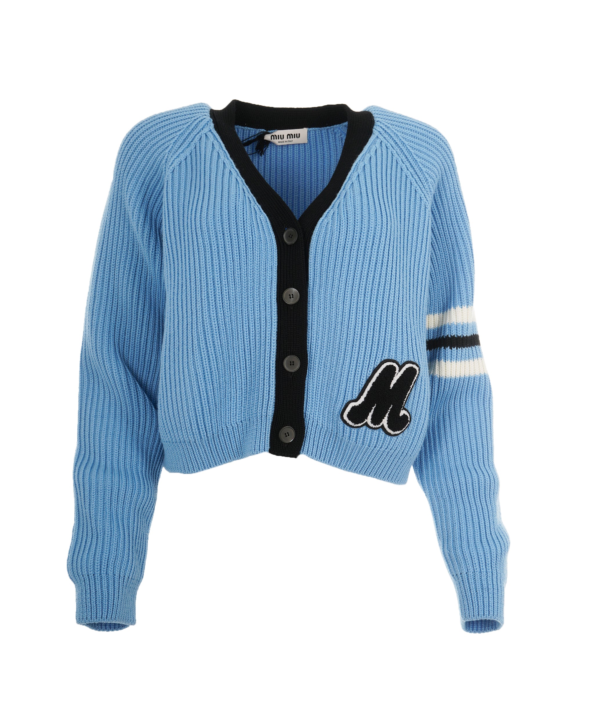 Miu Miu chunky knit cornflour blue & black cardigan AJL0212