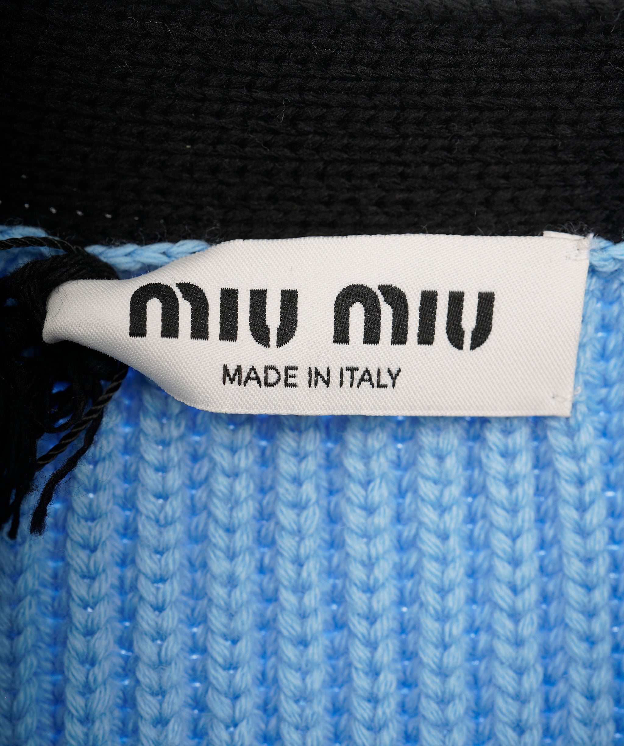 Miu Miu chunky knit cornflour blue & black cardigan AJL0212