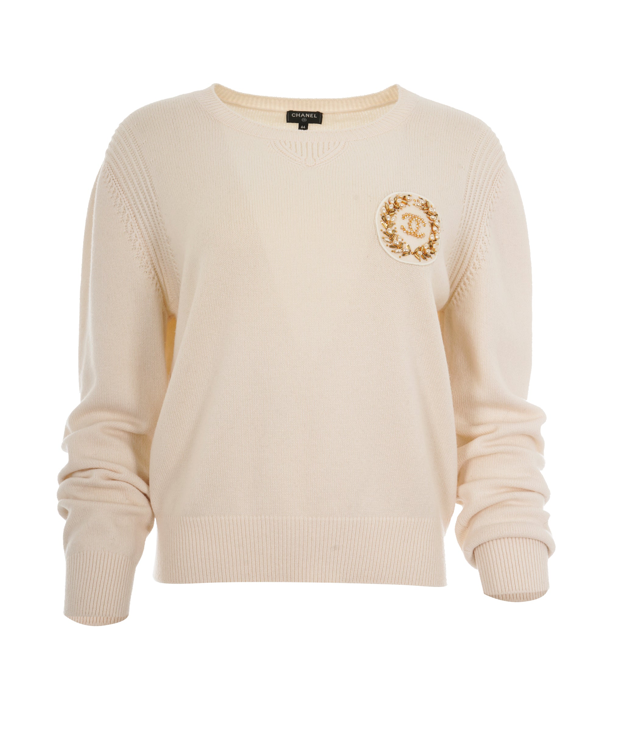 Chanel 20A Cream Cashmere Embroidered CC Emblem Knit Sweater ALC1823