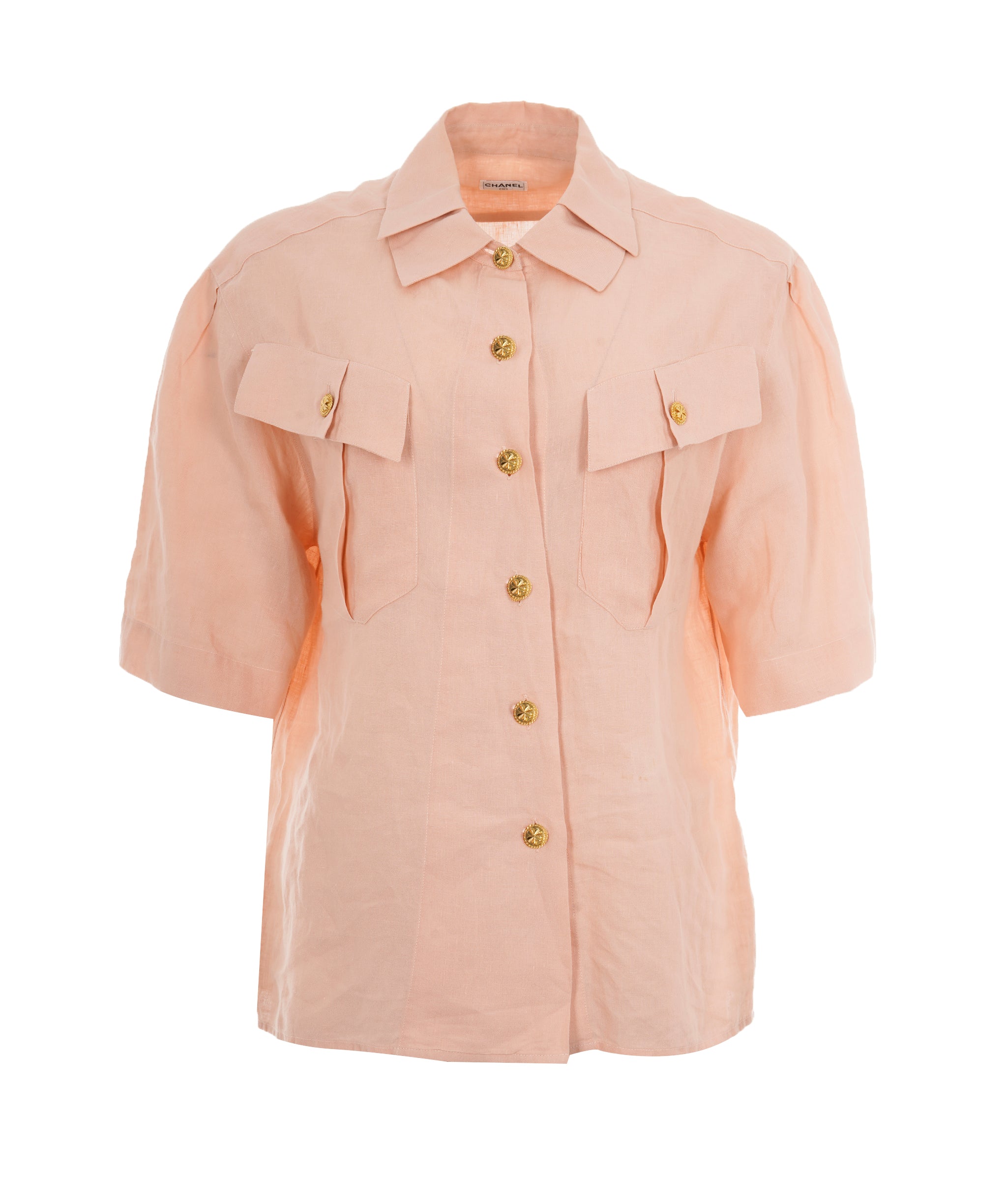 Chanel Vintage Pink Linen Lucky Charm Button Short Sleeve Shirt ALC1826