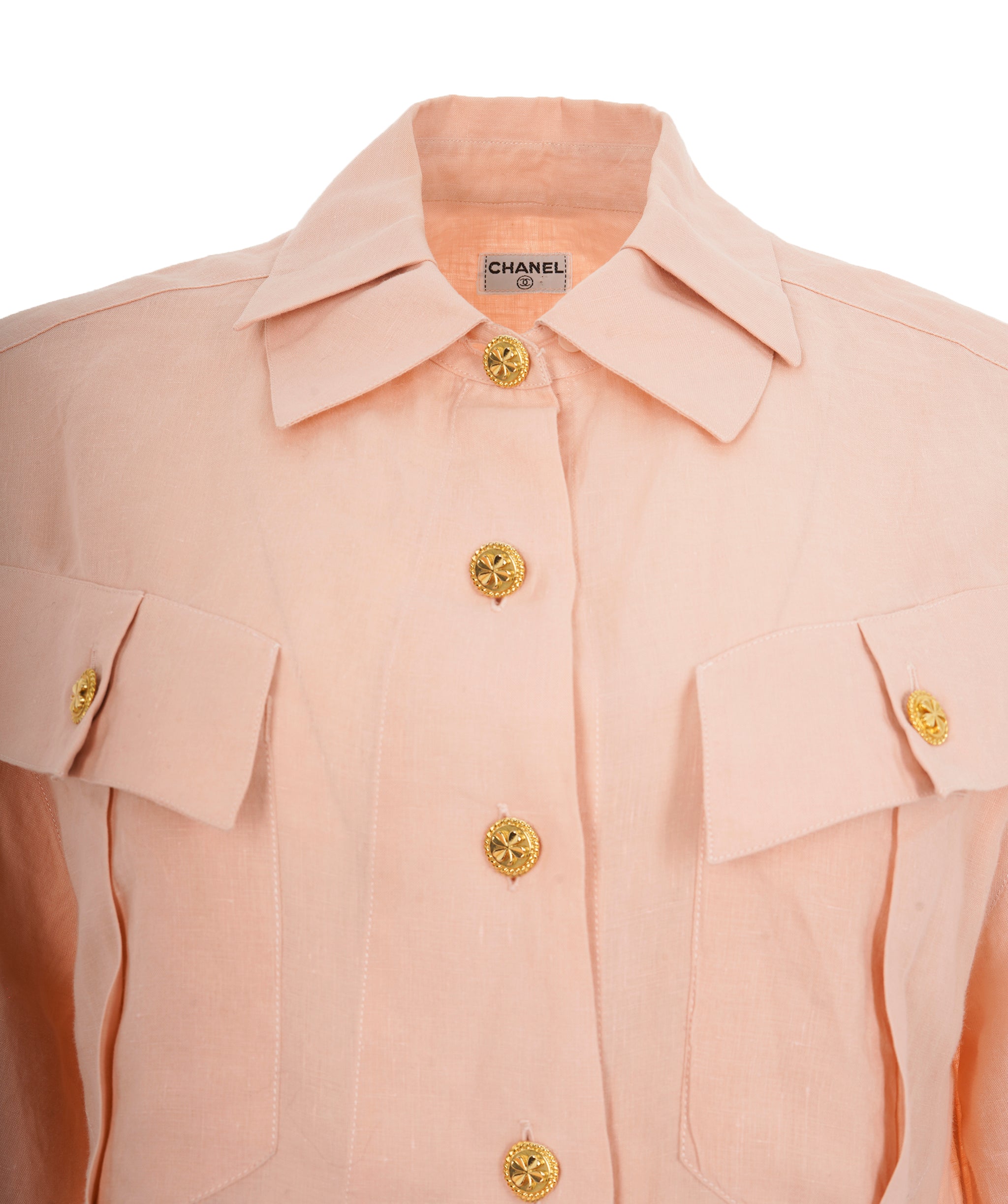 Chanel Vintage Pink Linen Lucky Charm Button Short Sleeve Shirt ALC1826