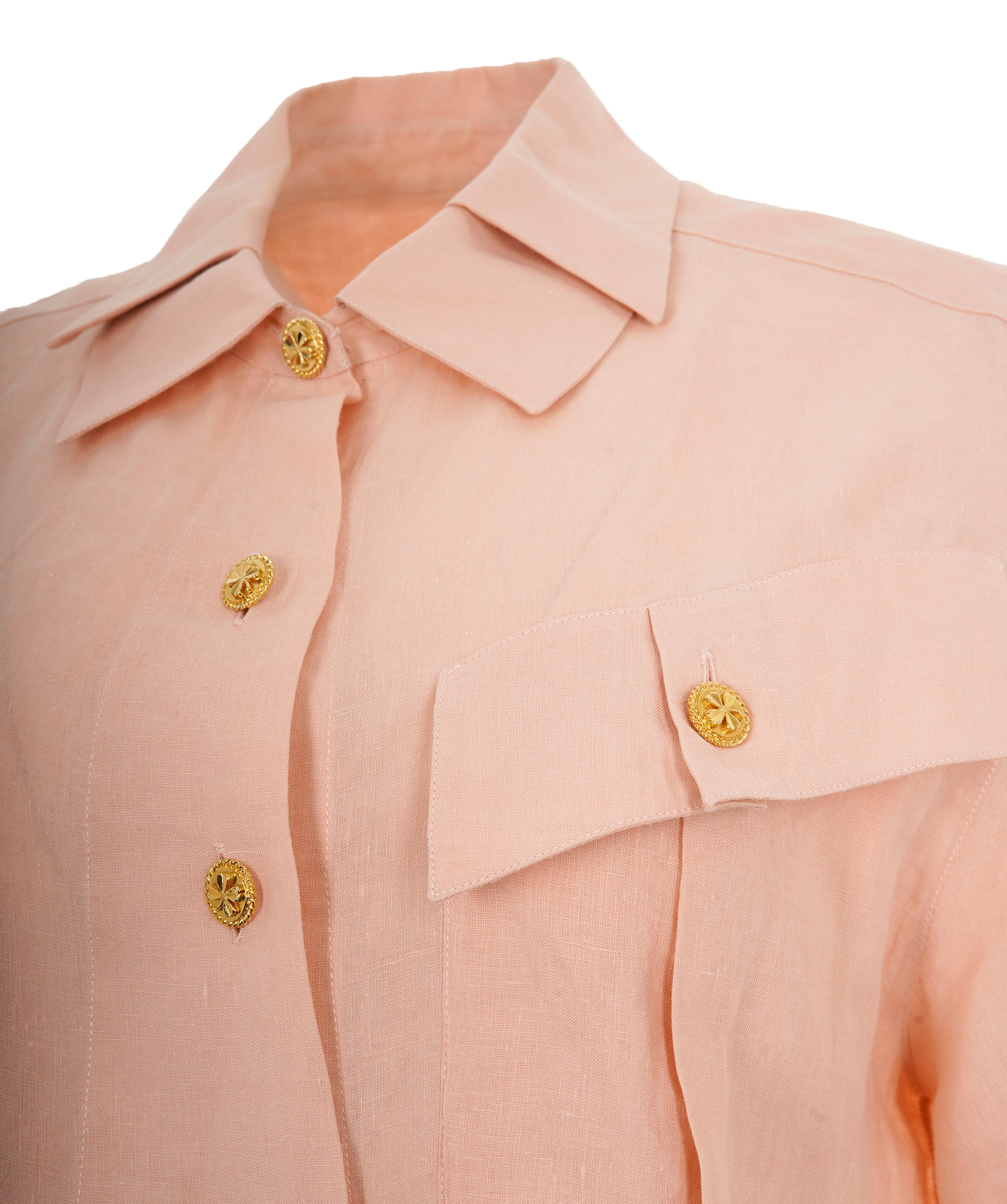 Chanel Vintage Pink Linen Lucky Charm Button Short Sleeve Shirt ALC1826