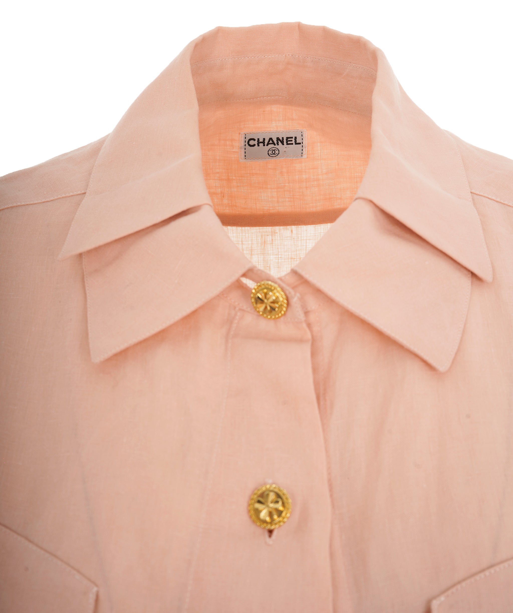 Chanel Vintage Pink Linen Lucky Charm Button Short Sleeve Shirt ALC1826