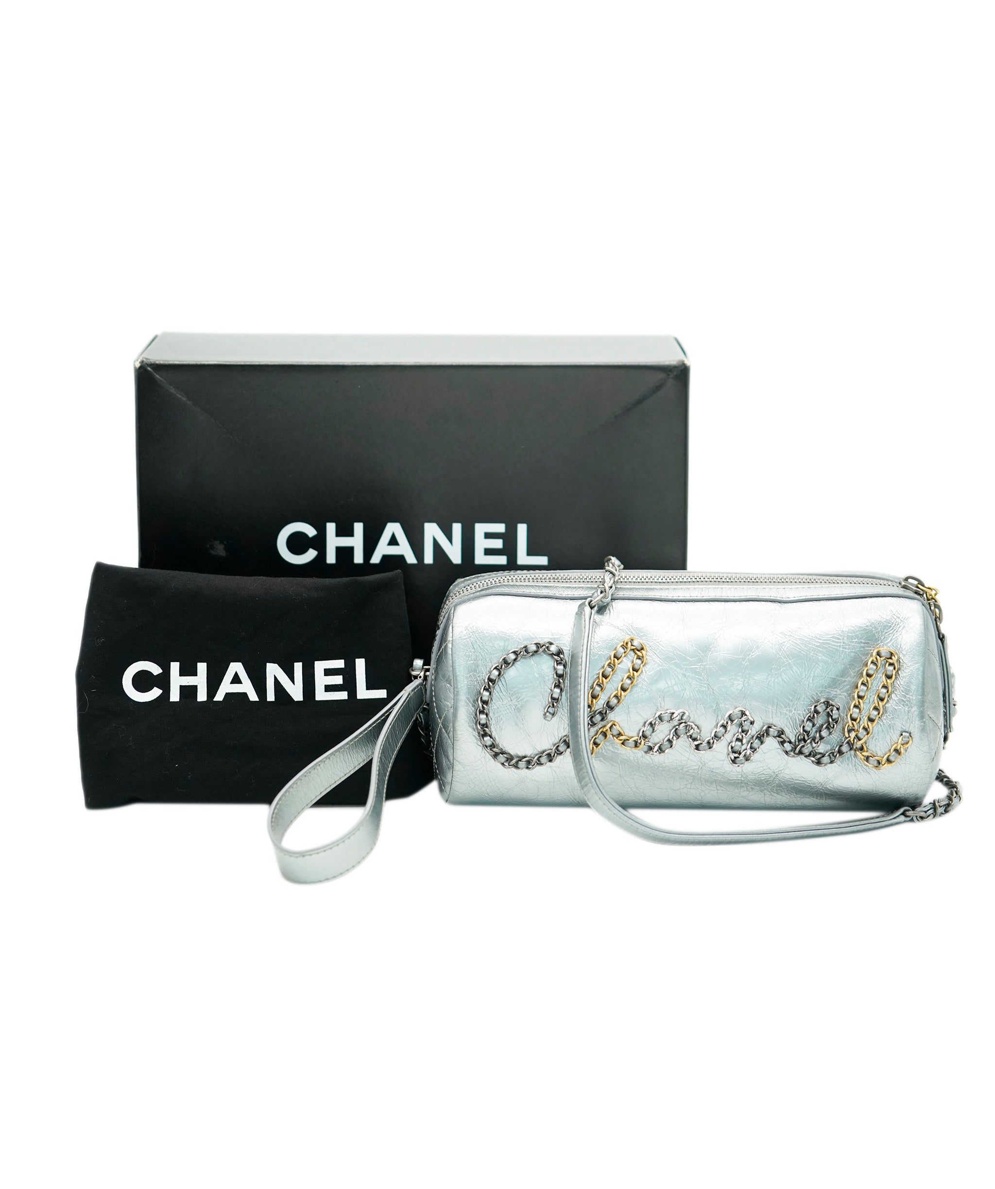 Chanel Silver Aged Calfskin Metallic Signature Bowling Bag ALL0826