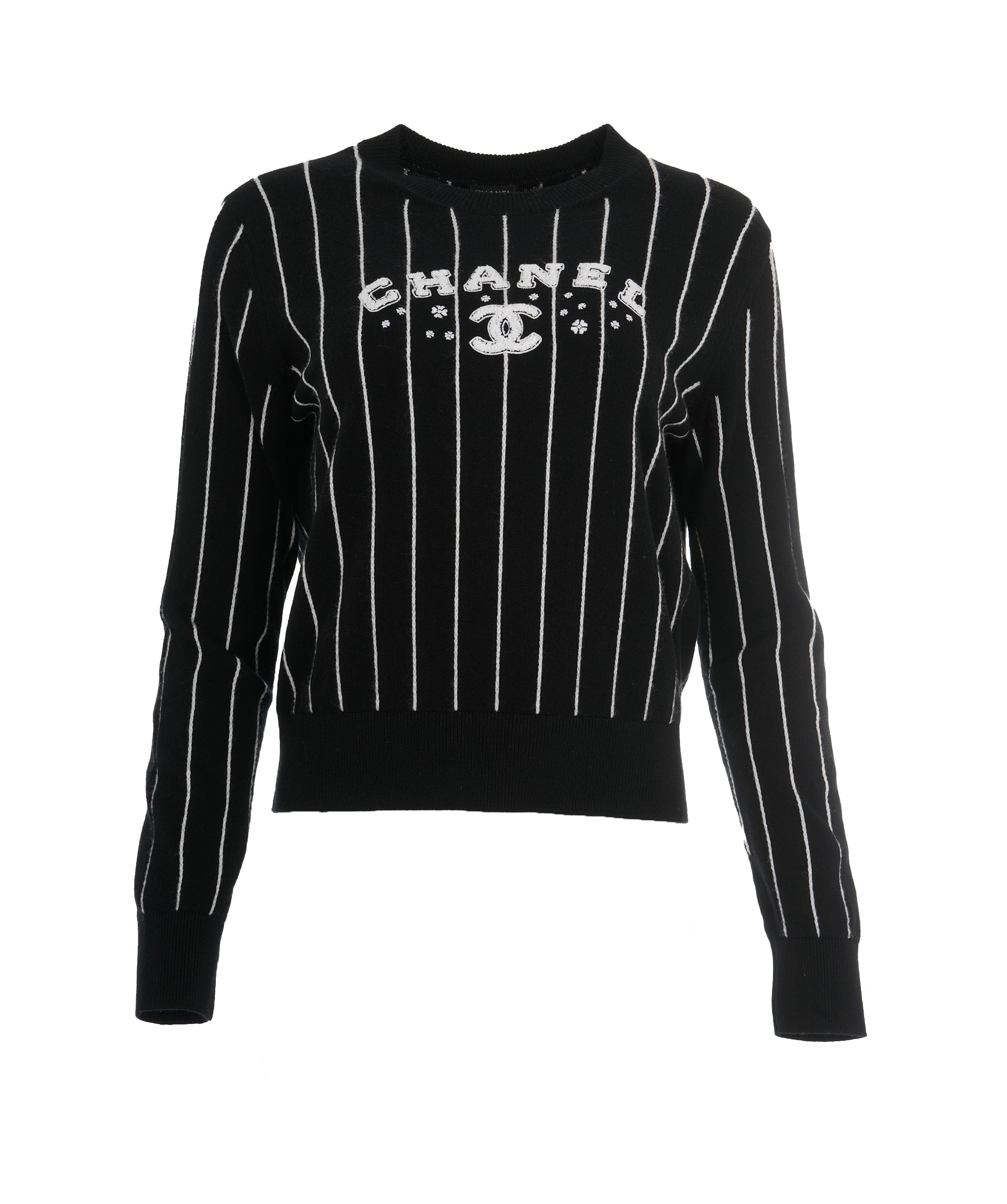 Chanel 23P Black & White Cashmere Striped Logo Crewneck Knit Sweater ALC1844