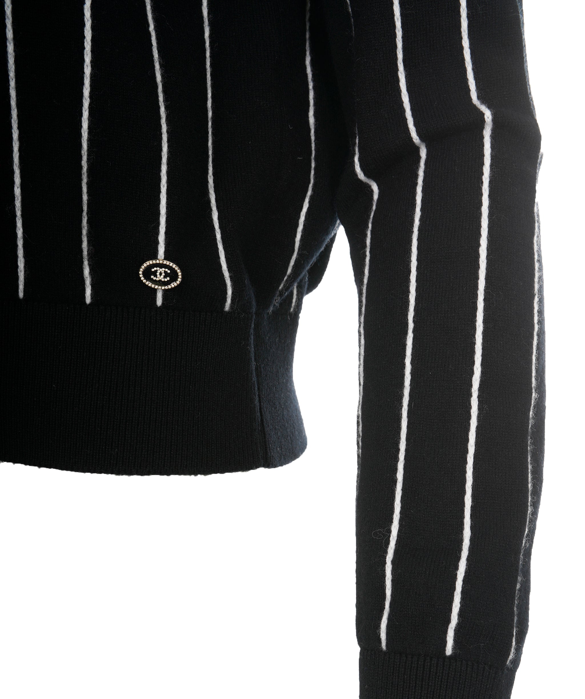 Chanel 23P Black & White Cashmere Striped Logo Crewneck Knit Sweater ALC1844