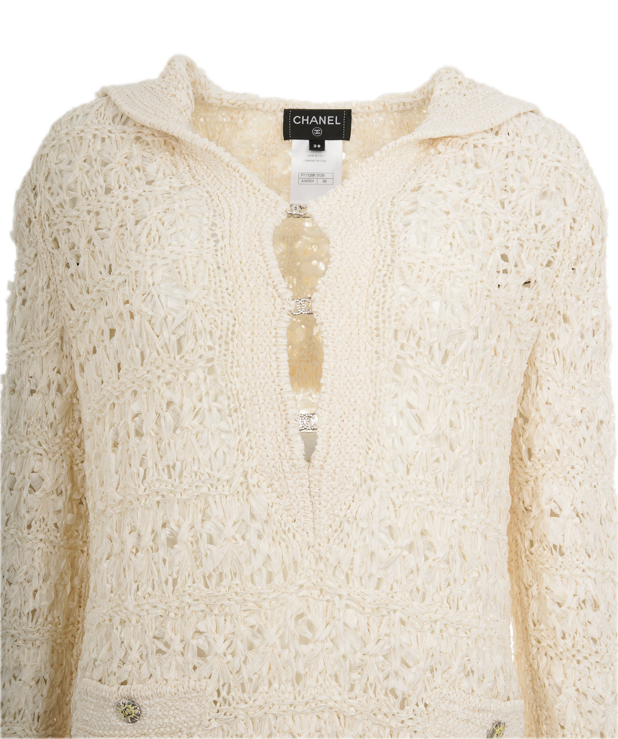 Chanel 24 White Silk Open Knit CC Rhinestone Oversized Collar Jumper ALC1840